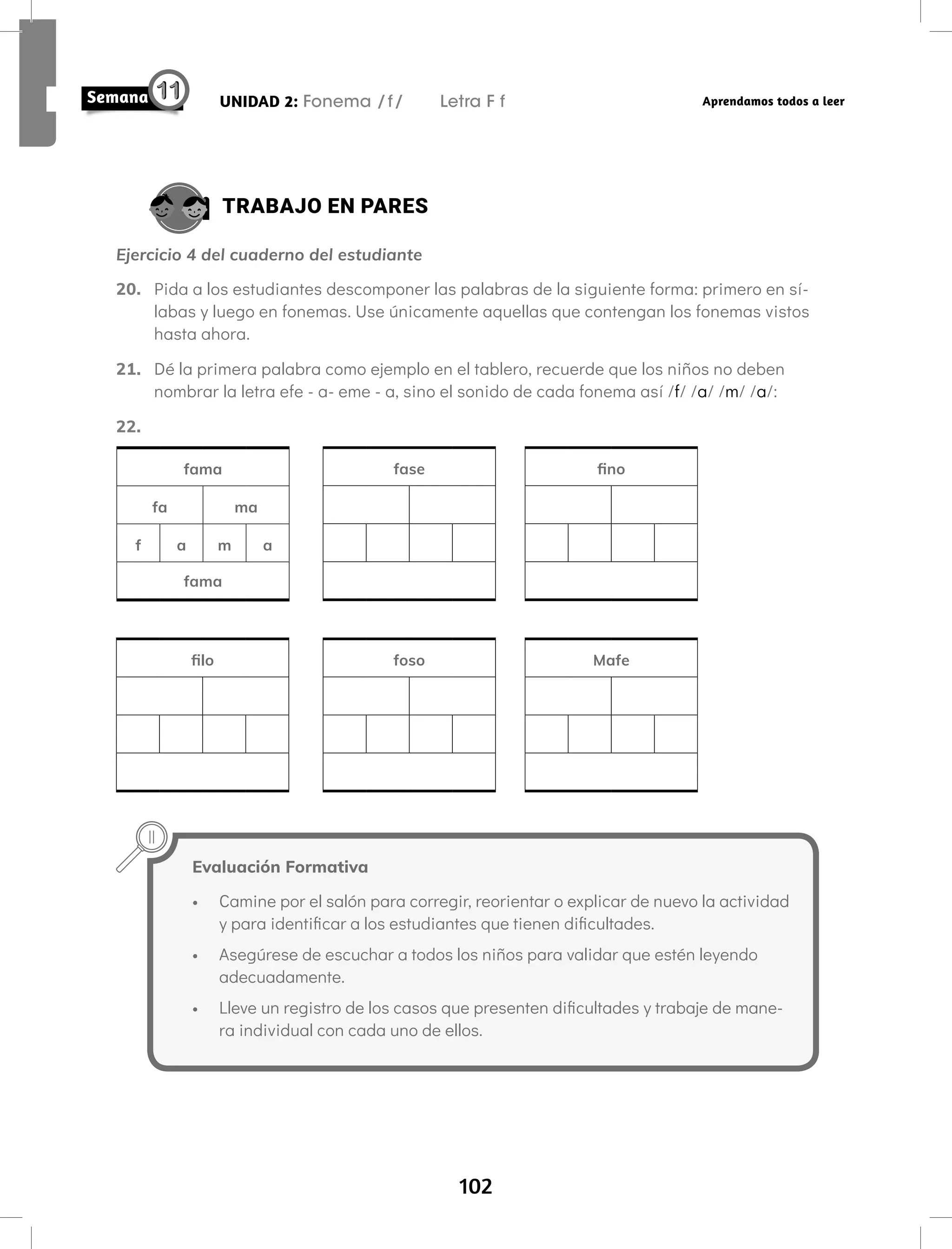 102
UNIDAD 2: Fonema /f/ Letra F f Aprendamos todos a leer
TRABAJO EN PARES
Ejercicio 4 del cuaderno del estudiante
20. Pida a los estudiantes descomponer las palabras de la siguiente forma: primero en sí-
labas y luego en fonemas. Use únicamente aquellas que contengan los fonemas vistos
hasta ahora.
21. Dé la primera palabra como ejemplo en el tablero, recuerde que los niños no deben
nombrar la letra efe - a- eme - a, sino el sonido de cada fonema así /f/ /a/ /m/ /a/:
22.
fama
fa ma
f a m a
fama
filo
fase
foso
fino
Mafe
Evaluación Formativa
• Camine por el salón para corregir, reorientar o explicar de nuevo la actividad
y para identificar a los estudiantes que tienen dificultades.
• Asegúrese de escuchar a todos los niños para validar que estén leyendo
adecuadamente.
• Lleve un registro de los casos que presenten dificultades y trabaje de mane-
ra individual con cada uno de ellos.
 