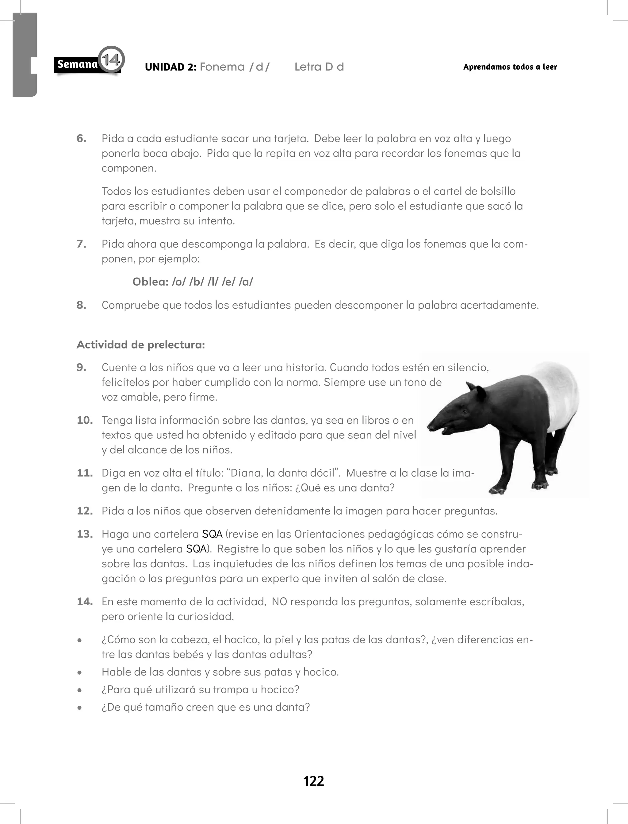 122
UNIDAD 2: Fonema /d/ Letra D d Aprendamos todos a leer
6. Pida a cada estudiante sacar una tarjeta. Debe leer la palabra en voz alta y luego
ponerla boca abajo. Pida que la repita en voz alta para recordar los fonemas que la
componen.
Todos los estudiantes deben usar el componedor de palabras o el cartel de bolsillo
para escribir o componer la palabra que se dice, pero solo el estudiante que sacó la
tarjeta, muestra su intento.
7. Pida ahora que descomponga la palabra. Es decir, que diga los fonemas que la com-
ponen, por ejemplo:
Oblea: /o/ /b/ /l/ /e/ /a/
8. Compruebe que todos los estudiantes pueden descomponer la palabra acertadamente.
Actividad de prelectura:
9. Cuente a los niños que va a leer una historia. Cuando todos estén en silencio,
felicítelos por haber cumplido con la norma. Siempre use un tono de
voz amable, pero firme.
10. Tenga lista información sobre las dantas, ya sea en libros o en
textos que usted ha obtenido y editado para que sean del nivel
y del alcance de los niños.
11. Diga en voz alta el título: “Diana, la danta dócil”. Muestre a la clase la ima-
gen de la danta. Pregunte a los niños: ¿Qué es una danta?
12. Pida a los niños que observen detenidamente la imagen para hacer preguntas.
13. Haga una cartelera SQA (revise en las Orientaciones pedagógicas cómo se constru-
ye una cartelera SQA). Registre lo que saben los niños y lo que les gustaría aprender
sobre las dantas. Las inquietudes de los niños definen los temas de una posible inda-
gación o las preguntas para un experto que inviten al salón de clase.
14. En este momento de la actividad, NO responda las preguntas, solamente escríbalas,
pero oriente la curiosidad.
• ¿Cómo son la cabeza, el hocico, la piel y las patas de las dantas?, ¿ven diferencias en-
tre las dantas bebés y las dantas adultas?
• Hable de las dantas y sobre sus patas y hocico.
• ¿Para qué utilizará su trompa u hocico?
• ¿De qué tamaño creen que es una danta?
 