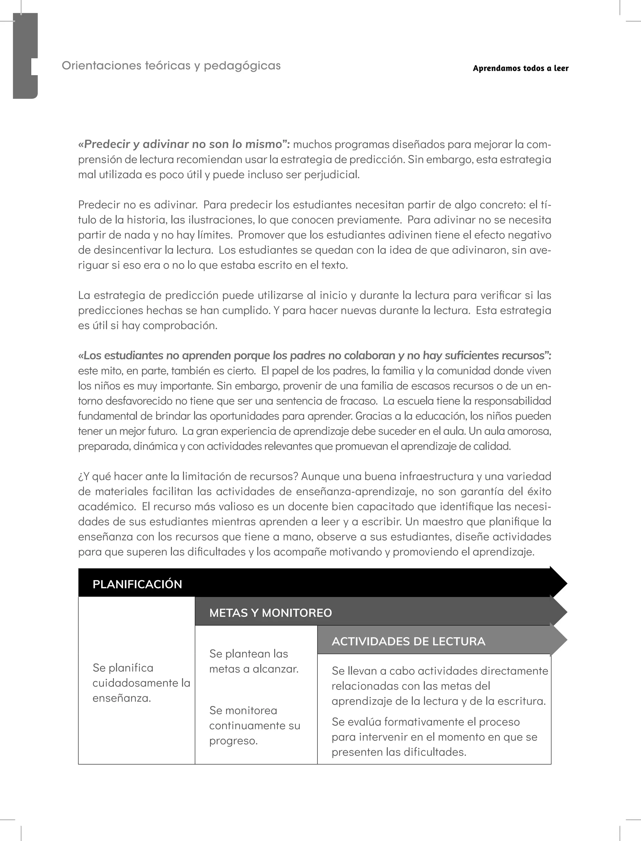 12
Orientaciones teóricas y pedagógicas Aprendamos todos a leer
«Predecir y adivinar no son lo mismo”: muchos programas diseñados para mejorar la com-
prensión de lectura recomiendan usar la estrategia de predicción. Sin embargo, esta estrategia
mal utilizada es poco útil y puede incluso ser perjudicial.
Predecir no es adivinar. Para predecir los estudiantes necesitan partir de algo concreto: el tí-
tulo de la historia, las ilustraciones, lo que conocen previamente. Para adivinar no se necesita
partir de nada y no hay límites. Promover que los estudiantes adivinen tiene el efecto negativo
de desincentivar la lectura. Los estudiantes se quedan con la idea de que adivinaron, sin ave-
riguar si eso era o no lo que estaba escrito en el texto.
La estrategia de predicción puede utilizarse al inicio y durante la lectura para verificar si las
predicciones hechas se han cumplido. Y para hacer nuevas durante la lectura. Esta estrategia
es útil si hay comprobación.
«Los estudiantes no aprenden porque los padres no colaboran y no hay suficientes recursos”:
este mito, en parte, también es cierto. El papel de los padres, la familia y la comunidad donde viven
los niños es muy importante. Sin embargo, provenir de una familia de escasos recursos o de un en-
torno desfavorecido no tiene que ser una sentencia de fracaso. La escuela tiene la responsabilidad
fundamental de brindar las oportunidades para aprender. Gracias a la educación, los niños pueden
tener un mejor futuro. La gran experiencia de aprendizaje debe suceder en el aula. Un aula amorosa,
preparada, dinámica y con actividades relevantes que promuevan el aprendizaje de calidad.
¿Y qué hacer ante la limitación de recursos? Aunque una buena infraestructura y una variedad
de materiales facilitan las actividades de enseñanza-aprendizaje, no son garantía del éxito
académico. El recurso más valioso es un docente bien capacitado que identifique las necesi-
dades de sus estudiantes mientras aprenden a leer y a escribir. Un maestro que planifique la
enseñanza con los recursos que tiene a mano, observe a sus estudiantes, diseñe actividades
para que superen las dificultades y los acompañe motivando y promoviendo el aprendizaje.
PLANIFICACIÓN
Se planifica
cuidadosamente la
enseñanza.
METAS Y MONITOREO
Se plantean las
metas a alcanzar.
Se monitorea
continuamente su
progreso.
ACTIVIDADES DE LECTURA
Se llevan a cabo actividades directamente
relacionadas con las metas del
aprendizaje de la lectura y de la escritura.
Se evalúa formativamente el proceso
para intervenir en el momento en que se
presenten las dificultades.
 