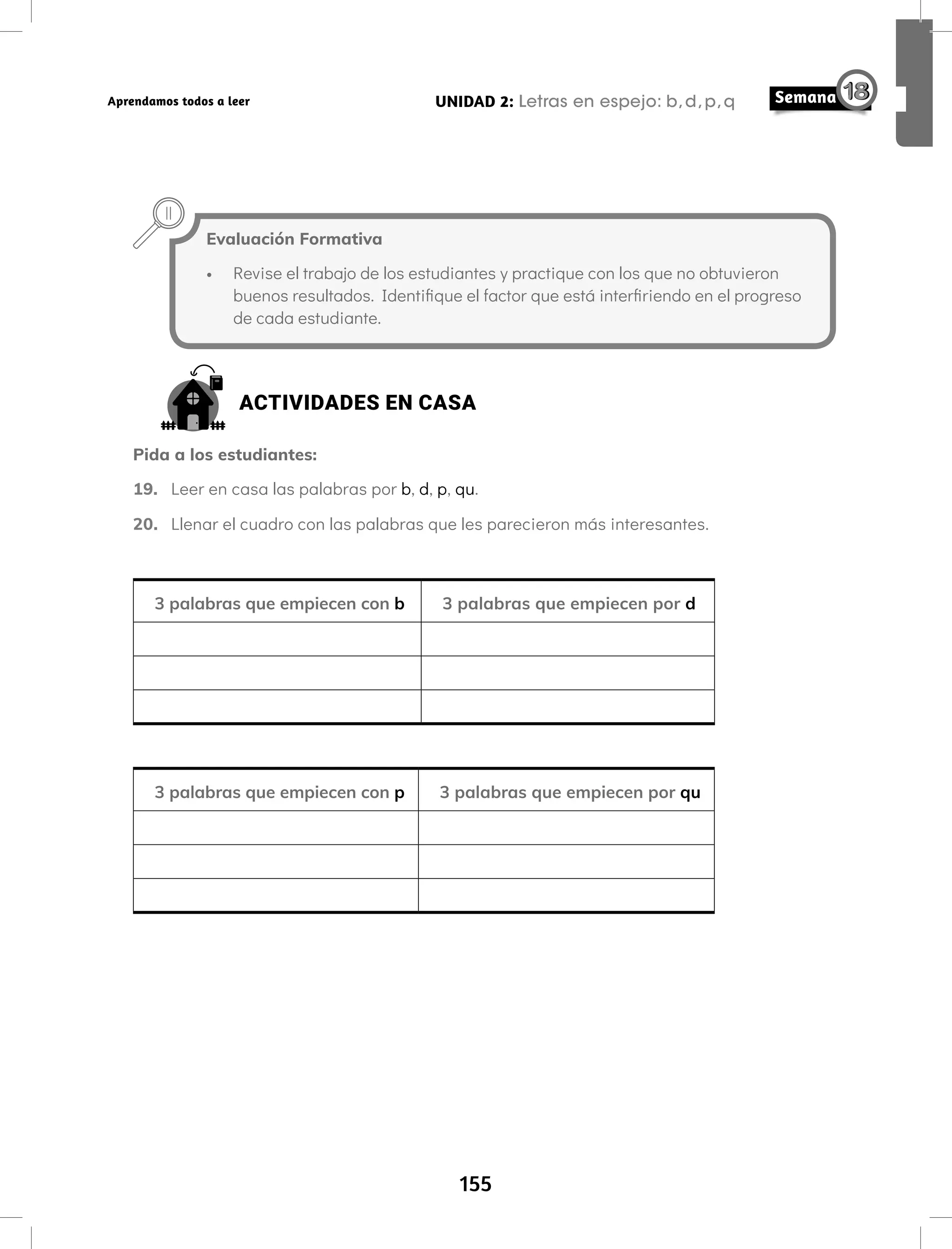 155
UNIDAD 2: Letras en espejo: b,d,p,q
Aprendamos todos a leer
Evaluación Formativa
• Revise el trabajo de los estudiantes y practique con los que no obtuvieron
buenos resultados. Identifique el factor que está interfiriendo en el progreso
de cada estudiante.
ACTIVIDADES EN CASA
Pida a los estudiantes:
19. Leer en casa las palabras por b, d, p, qu.
20. Llenar el cuadro con las palabras que les parecieron más interesantes.
3 palabras que empiecen con b 3 palabras que empiecen por d
3 palabras que empiecen con p 3 palabras que empiecen por qu
 