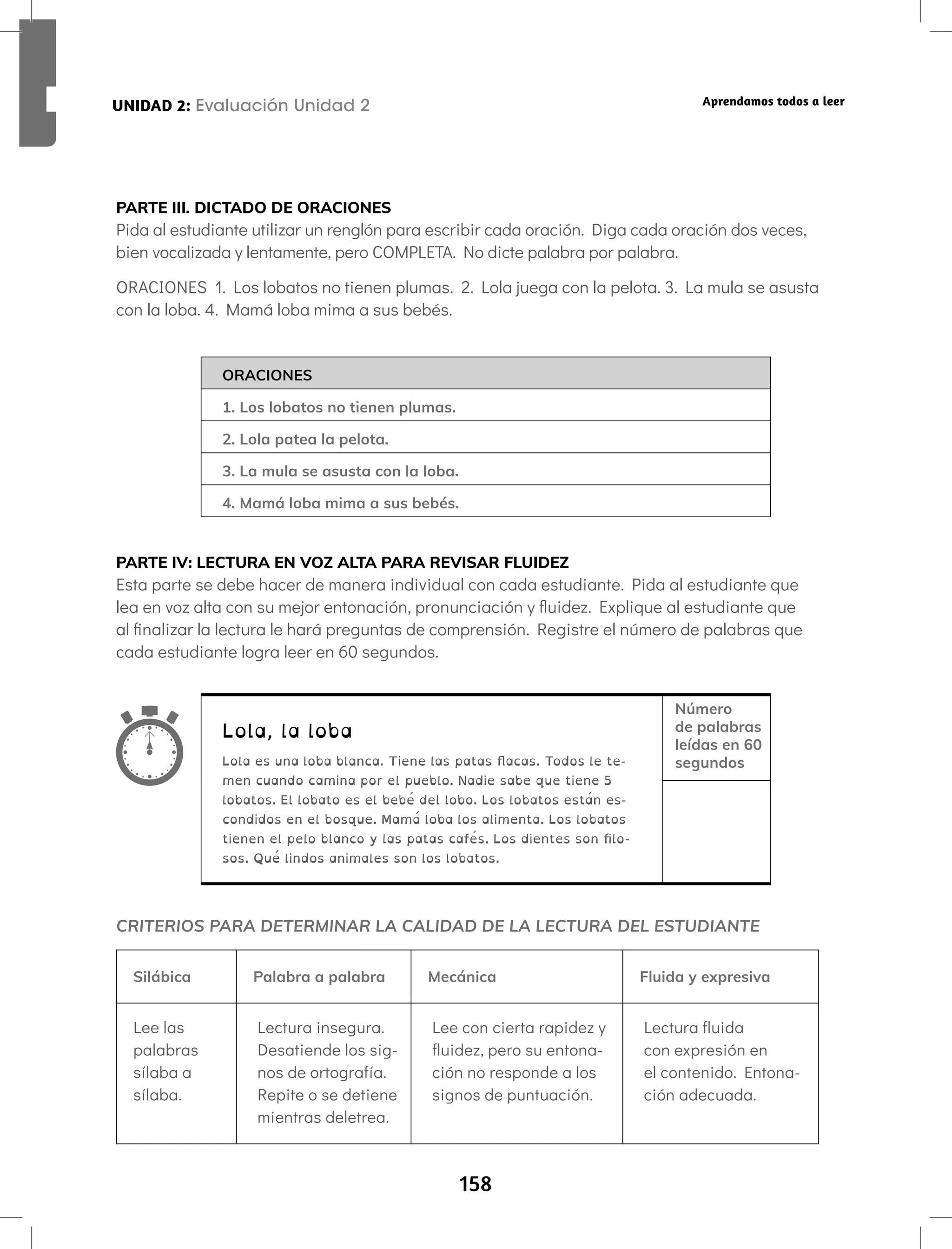158
Aprendamos todos a leer
PARTE III. DICTADO DE ORACIONES
Pida al estudiante utilizar un renglón para escribir cada oración. Diga cada oración dos veces,
bien vocalizada y lentamente, pero COMPLETA. No dicte palabra por palabra.
ORACIONES 1. Los lobatos no tienen plumas. 2. Lola juega con la pelota. 3. La mula se asusta
con la loba. 4. Mamá loba mima a sus bebés.
ORACIONES
1. Los lobatos no tienen plumas.
2. Lola patea la pelota.
3. La mula se asusta con la loba.
4. Mamá loba mima a sus bebés.
PARTE IV: LECTURA EN VOZ ALTA PARA REVISAR FLUIDEZ
Esta parte se debe hacer de manera individual con cada estudiante. Pida al estudiante que
lea en voz alta con su mejor entonación, pronunciación y fluidez. Explique al estudiante que
al finalizar la lectura le hará preguntas de comprensión. Registre el número de palabras que
cada estudiante logra leer en 60 segundos.
Lola, la loba
Lola es una loba blanca. Tiene las patas flacas. Todos le te-
men cuando camina por el pueblo. Nadie sabe que tiene 5
lobatos. El lobato es el bebé del lobo. Los lobatos están es-
condidos en el bosque. Mamá loba los alimenta. Los lobatos
tienen el pelo blanco y las patas cafés. Los dientes son filo-
sos. Qué lindos animales son los lobatos.
Número
de palabras
leídas en 60
segundos
CRITERIOS PARA DETERMINAR LA CALIDAD DE LA LECTURA DEL ESTUDIANTE
Silábica Palabra a palabra Mecánica Fluida y expresiva
Lee las
palabras
sílaba a
sílaba.
Lectura insegura.
Desatiende los sig-
nos de ortografía.
Repite o se detiene
mientras deletrea.
Lee con cierta rapidez y
fluidez, pero su entona-
ción no responde a los
signos de puntuación.
Lectura fluida
con expresión en
el contenido. Entona-
ción adecuada.
UNIDAD 2: Evaluación Unidad 2
 