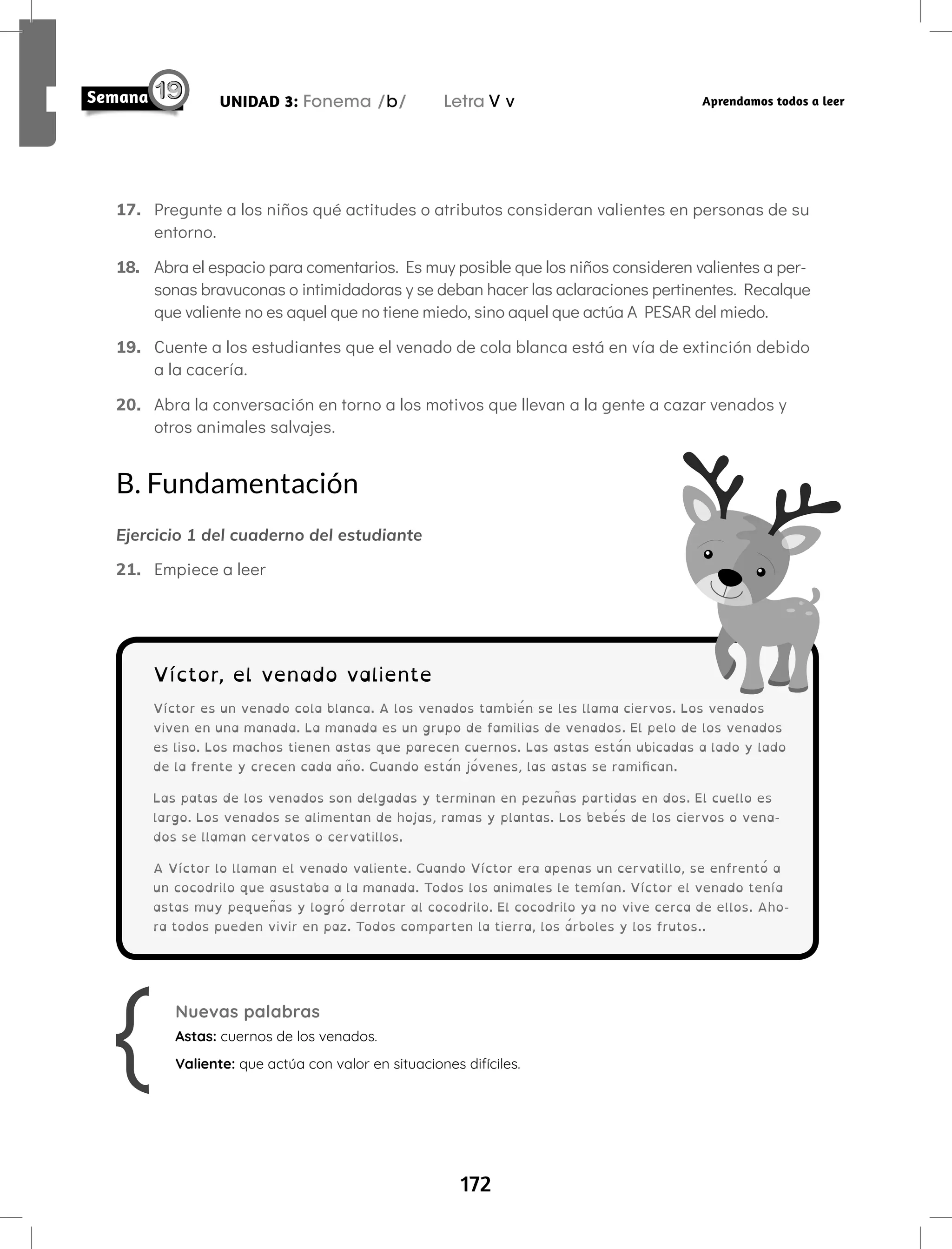 172
UNIDAD 3: Fonema /b/ Letra V v Aprendamos todos a leer
17. Pregunte a los niños qué actitudes o atributos consideran valientes en personas de su
entorno.
18. Abra el espacio para comentarios. Es muy posible que los niños consideren valientes a per-
sonas bravuconas o intimidadoras y se deban hacer las aclaraciones pertinentes. Recalque
que valiente no es aquel que no tiene miedo, sino aquel que actúa A PESAR del miedo.
19. Cuente a los estudiantes que el venado de cola blanca está en vía de extinción debido
a la cacería.
20. Abra la conversación en torno a los motivos que llevan a la gente a cazar venados y
otros animales salvajes.
B. Fundamentación
Ejercicio 1 del cuaderno del estudiante
21. Empiece a leer
Víctor, el venado valiente
Víctor es un venado cola blanca. A los venados también se les llama ciervos. Los venados
viven en una manada. La manada es un grupo de familias de venados. El pelo de los venados
es liso. Los machos tienen astas que parecen cuernos. Las astas están ubicadas a lado y lado
de la frente y crecen cada año. Cuando están jóvenes, las astas se ramifican.
Las patas de los venados son delgadas y terminan en pezuñas partidas en dos. El cuello es
largo. Los venados se alimentan de hojas, ramas y plantas. Los bebés de los ciervos o vena-
dos se llaman cervatos o cervatillos.
A Víctor lo llaman el venado valiente. Cuando Víctor era apenas un cervatillo, se enfrentó a
un cocodrilo que asustaba a la manada. Todos los animales le temían. Víctor el venado tenía
astas muy pequeñas y logró derrotar al cocodrilo. El cocodrilo ya no vive cerca de ellos. Aho-
ra todos pueden vivir en paz. Todos comparten la tierra, los árboles y los frutos..
Nuevas palabras
Astas: cuernos de los venados.
Valiente: que actúa con valor en situaciones difíciles.
 