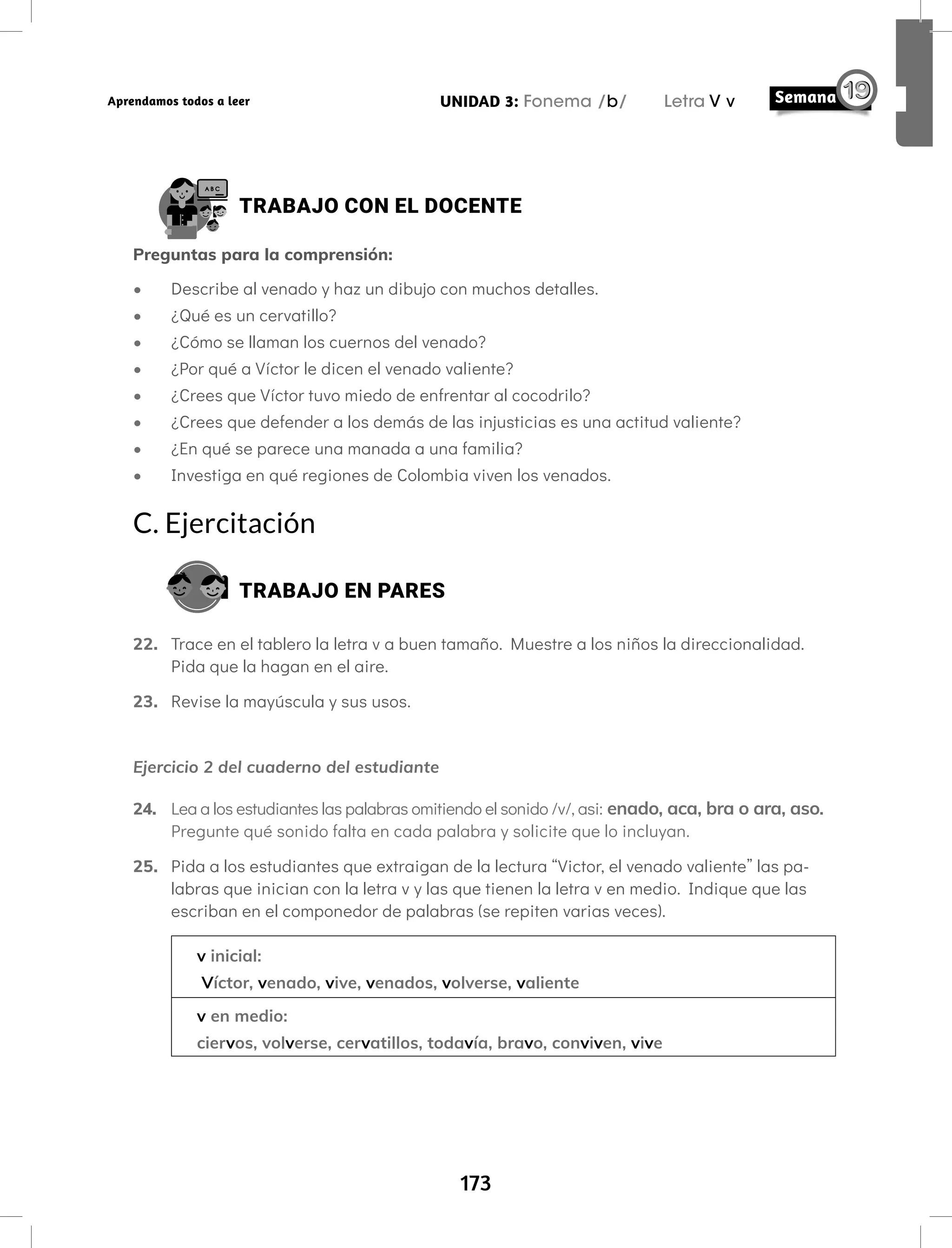 173
UNIDAD 3: Fonema /b/ Letra V v
Aprendamos todos a leer
TRABAJO CON EL DOCENTE
Preguntas para la comprensión:
• Describe al venado y haz un dibujo con muchos detalles.
• ¿Qué es un cervatillo?
• ¿Cómo se llaman los cuernos del venado?
• ¿Por qué a Víctor le dicen el venado valiente?
• ¿Crees que Víctor tuvo miedo de enfrentar al cocodrilo?
• ¿Crees que defender a los demás de las injusticias es una actitud valiente?
• ¿En qué se parece una manada a una familia?
• Investiga en qué regiones de Colombia viven los venados.
C. Ejercitación
TRABAJO EN PARES
22. Trace en el tablero la letra v a buen tamaño. Muestre a los niños la direccionalidad.
Pida que la hagan en el aire.
23. Revise la mayúscula y sus usos.
Ejercicio 2 del cuaderno del estudiante
24. Lea a los estudiantes las palabras omitiendo el sonido /v/, asi: enado, aca, bra o ara, aso.
Pregunte qué sonido falta en cada palabra y solicite que lo incluyan.
25. Pida a los estudiantes que extraigan de la lectura “Victor, el venado valiente” las pa-
labras que inician con la letra v y las que tienen la letra v en medio. Indique que las
escriban en el componedor de palabras (se repiten varias veces).
v inicial:
Víctor, venado, vive, venados, volverse, valiente
v en medio:
ciervos, volverse, cervatillos, todavía, bravo, conviven, vive
 