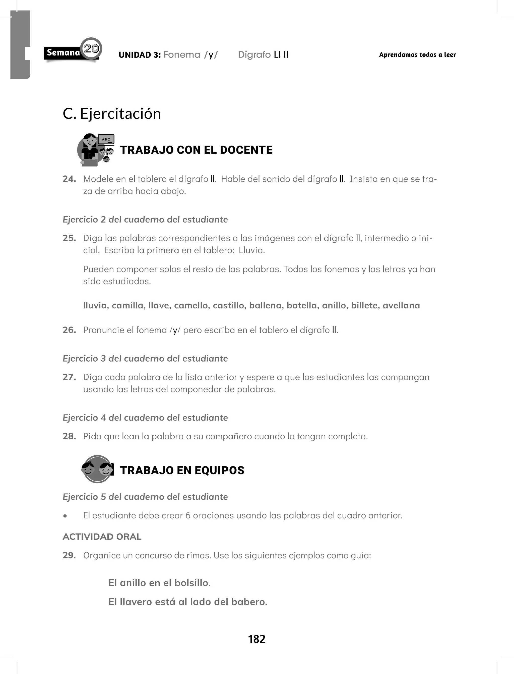 182
UNIDAD 3: Fonema /y/ Dígrafo Ll ll Aprendamos todos a leer
C. Ejercitación
TRABAJO CON EL DOCENTE
24. Modele en el tablero el dígrafo ll. Hable del sonido del dígrafo ll. Insista en que se tra-
za de arriba hacia abajo.
Ejercicio 2 del cuaderno del estudiante
25. Diga las palabras correspondientes a las imágenes con el dígrafo ll, intermedio o ini-
cial. Escriba la primera en el tablero: Lluvia.
Pueden componer solos el resto de las palabras. Todos los fonemas y las letras ya han
sido estudiados.
lluvia, camilla, llave, camello, castillo, ballena, botella, anillo, billete, avellana
26. Pronuncie el fonema /y/ pero escriba en el tablero el dígrafo ll.
Ejercicio 3 del cuaderno del estudiante
27. Diga cada palabra de la lista anterior y espere a que los estudiantes las compongan
usando las letras del componedor de palabras.
Ejercicio 4 del cuaderno del estudiante
28. Pida que lean la palabra a su compañero cuando la tengan completa.
TRABAJO EN EQUIPOS
Ejercicio 5 del cuaderno del estudiante
• El estudiante debe crear 6 oraciones usando las palabras del cuadro anterior.
ACTIVIDAD ORAL
29. Organice un concurso de rimas. Use los siguientes ejemplos como guía:
El anillo en el bolsillo.
El llavero está al lado del babero.
 