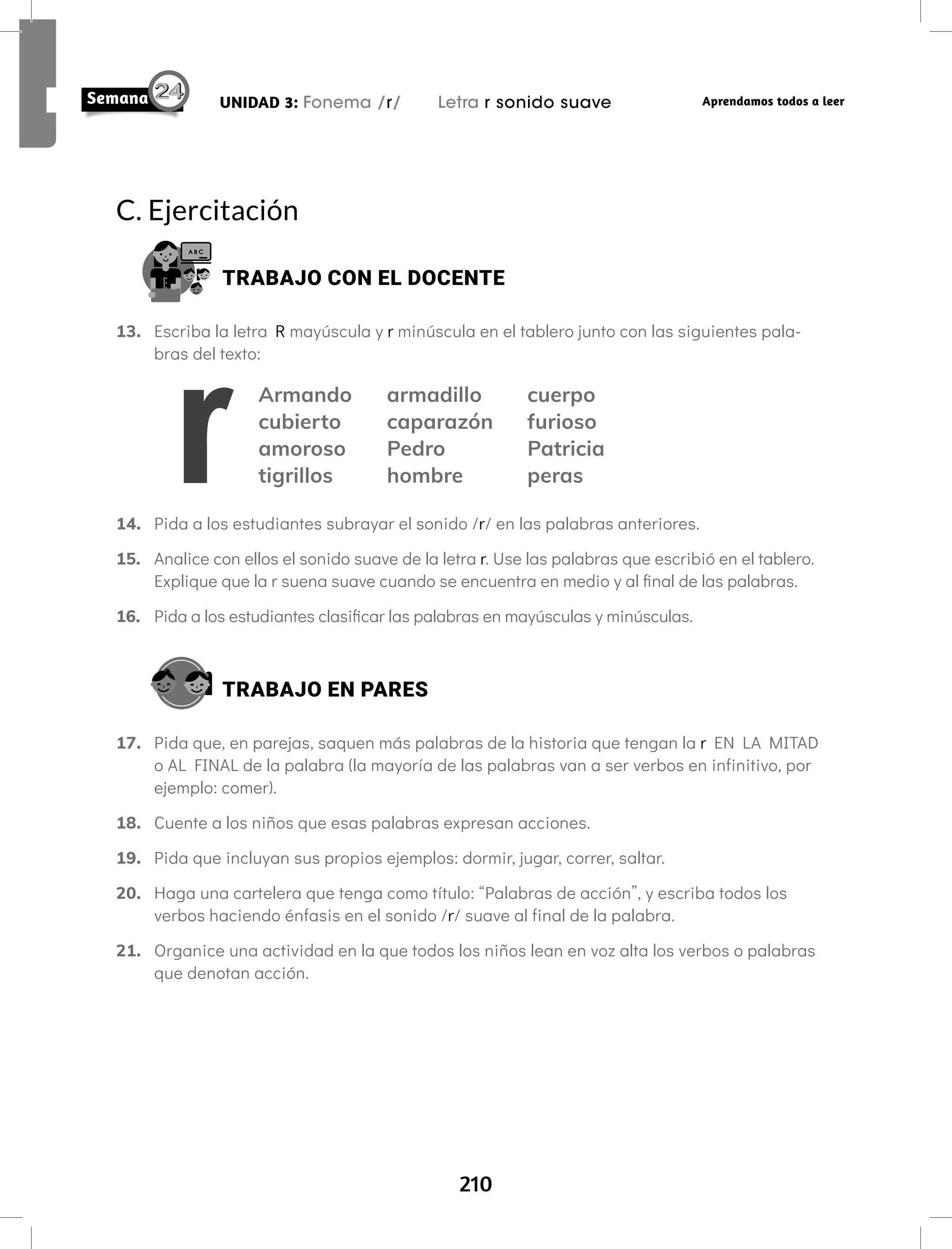 210
UNIDAD 3: Fonema /r/ Letra r sonido suave Aprendamos todos a leer
C. Ejercitación
TRABAJO CON EL DOCENTE
13. Escriba la letra R mayúscula y r minúscula en el tablero junto con las siguientes pala-
bras del texto:
Armando armadillo cuerpo
cubierto caparazón furioso
amoroso Pedro Patricia
tigrillos hombre peras
14. Pida a los estudiantes subrayar el sonido /r/ en las palabras anteriores.
15. Analice con ellos el sonido suave de la letra r. Use las palabras que escribió en el tablero.
Explique que la r suena suave cuando se encuentra en medio y al final de las palabras.
16. Pida a los estudiantes clasificar las palabras en mayúsculas y minúsculas.
TRABAJO EN PARES
17. Pida que, en parejas, saquen más palabras de la historia que tengan la r EN LA MITAD
o AL FINAL de la palabra (la mayoría de las palabras van a ser verbos en infinitivo, por
ejemplo: comer).
18. Cuente a los niños que esas palabras expresan acciones.
19. Pida que incluyan sus propios ejemplos: dormir, jugar, correr, saltar.
20. Haga una cartelera que tenga como título: “Palabras de acción”, y escriba todos los
verbos haciendo énfasis en el sonido /r/ suave al final de la palabra.
21. Organice una actividad en la que todos los niños lean en voz alta los verbos o palabras
que denotan acción.
 