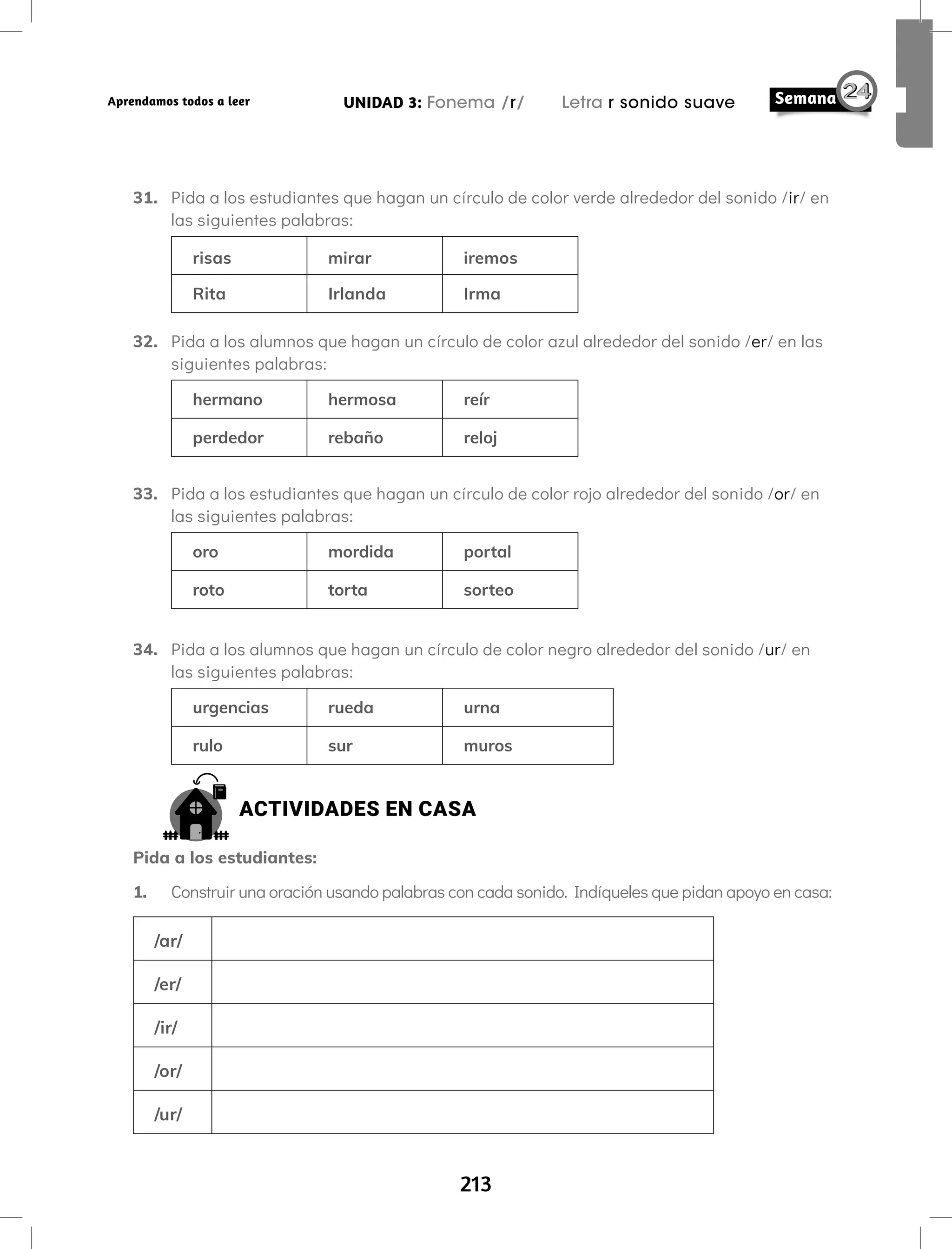 213
UNIDAD 3: Fonema /r/ Letra r sonido suave
Aprendamos todos a leer
31. Pida a los estudiantes que hagan un círculo de color verde alrededor del sonido /ir/ en
las siguientes palabras:
risas mirar iremos
Rita Irlanda Irma
32. Pida a los alumnos que hagan un círculo de color azul alrededor del sonido /er/ en las
siguientes palabras:
hermano hermosa reír
perdedor rebaño reloj
33. Pida a los estudiantes que hagan un círculo de color rojo alrededor del sonido /or/ en
las siguientes palabras:
oro mordida portal
roto torta sorteo
34. Pida a los alumnos que hagan un círculo de color negro alrededor del sonido /ur/ en
las siguientes palabras:
urgencias rueda urna
rulo sur muros
ACTIVIDADES EN CASA
Pida a los estudiantes:
1. Construir una oración usando palabras con cada sonido. Indíqueles que pidan apoyo en casa:
/ar/
/er/
/ir/
/or/
/ur/
 