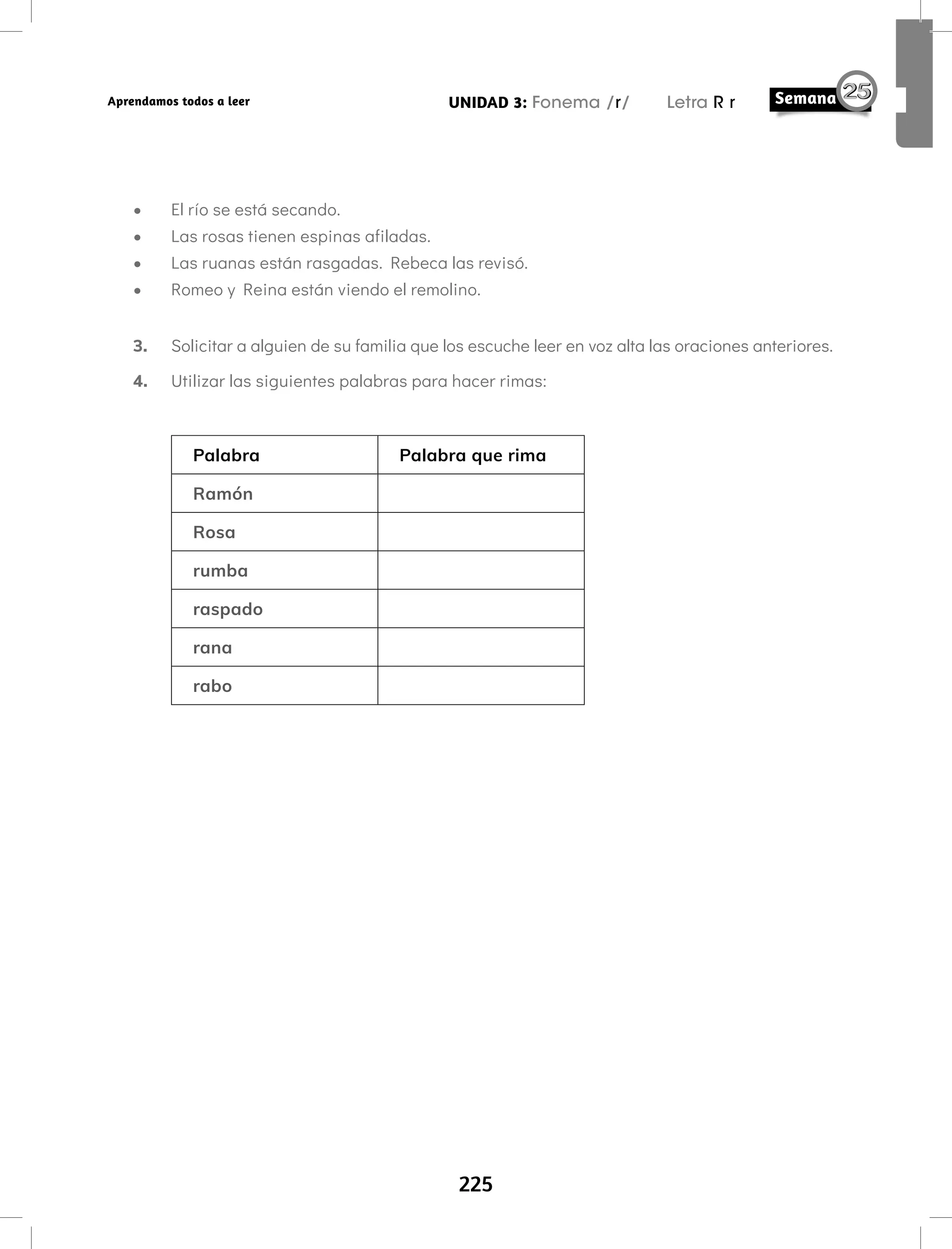 225
UNIDAD 3: Fonema /r/ Letra R r
Aprendamos todos a leer
• El río se está secando.
• Las rosas tienen espinas afiladas.
• Las ruanas están rasgadas. Rebeca las revisó.
• Romeo y Reina están viendo el remolino.
3. Solicitar a alguien de su familia que los escuche leer en voz alta las oraciones anteriores.
4. Utilizar las siguientes palabras para hacer rimas:
Palabra Palabra que rima
Ramón
Rosa
rumba
raspado
rana
rabo
 