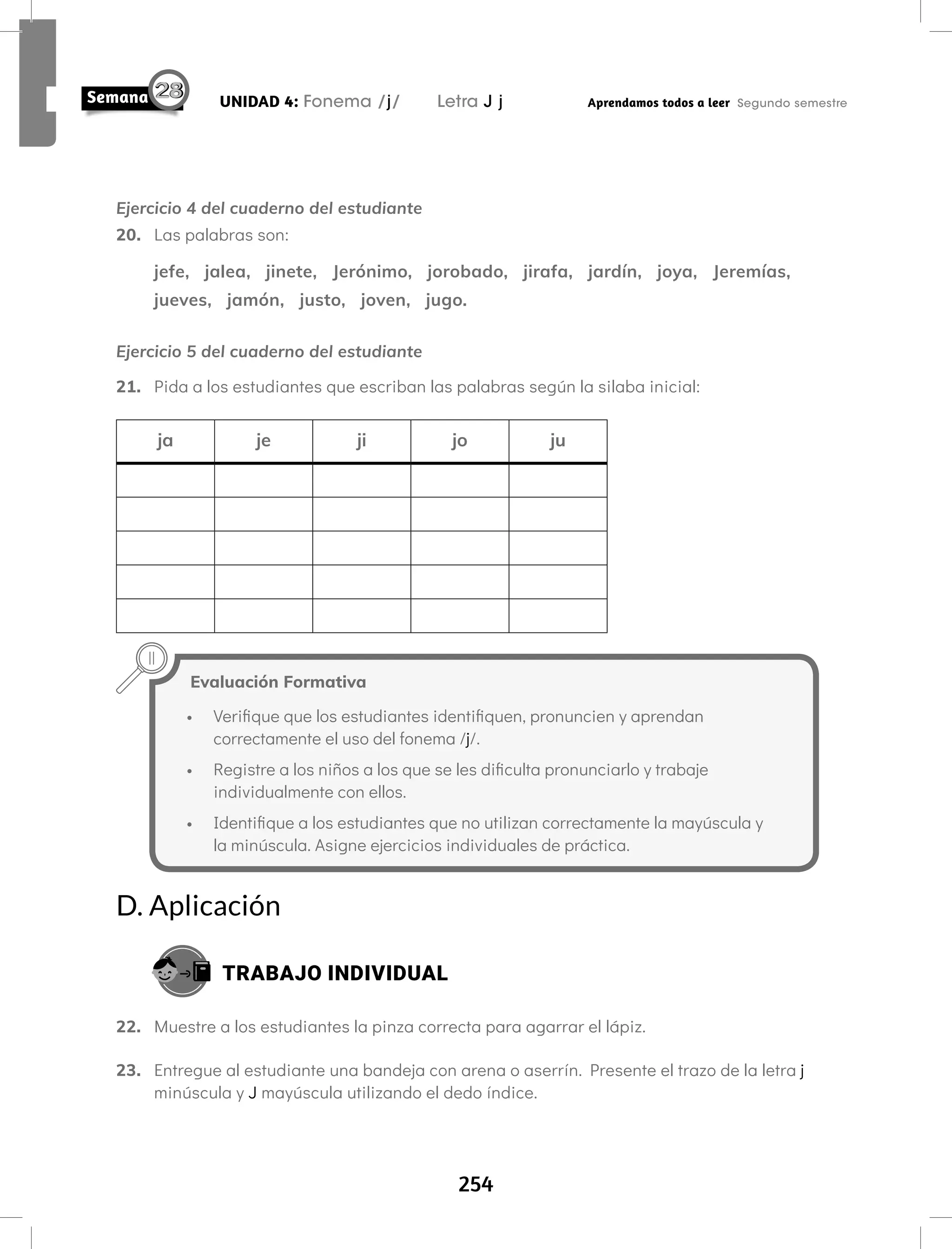 254
UNIDAD 4: Fonema /j/ Letra J j Aprendamos todos a leer Segundo semestre
Ejercicio 4 del cuaderno del estudiante
20. Las palabras son:
jefe, jalea, jinete, Jerónimo, jorobado, jirafa, jardín, joya, Jeremías,
jueves, jamón, justo, joven, jugo.
Ejercicio 5 del cuaderno del estudiante
21. Pida a los estudiantes que escriban las palabras según la silaba inicial:
ja je ji jo ju
Evaluación Formativa
• Verifique que los estudiantes identifiquen, pronuncien y aprendan
correctamente el uso del fonema /j/.
• Registre a los niños a los que se les dificulta pronunciarlo y trabaje
individualmente con ellos.
• Identifique a los estudiantes que no utilizan correctamente la mayúscula y
la minúscula. Asigne ejercicios individuales de práctica.
D. Aplicación
TRABAJO INDIVIDUAL
22. Muestre a los estudiantes la pinza correcta para agarrar el lápiz.
23. Entregue al estudiante una bandeja con arena o aserrín. Presente el trazo de la letra j
minúscula y J mayúscula utilizando el dedo índice.
 