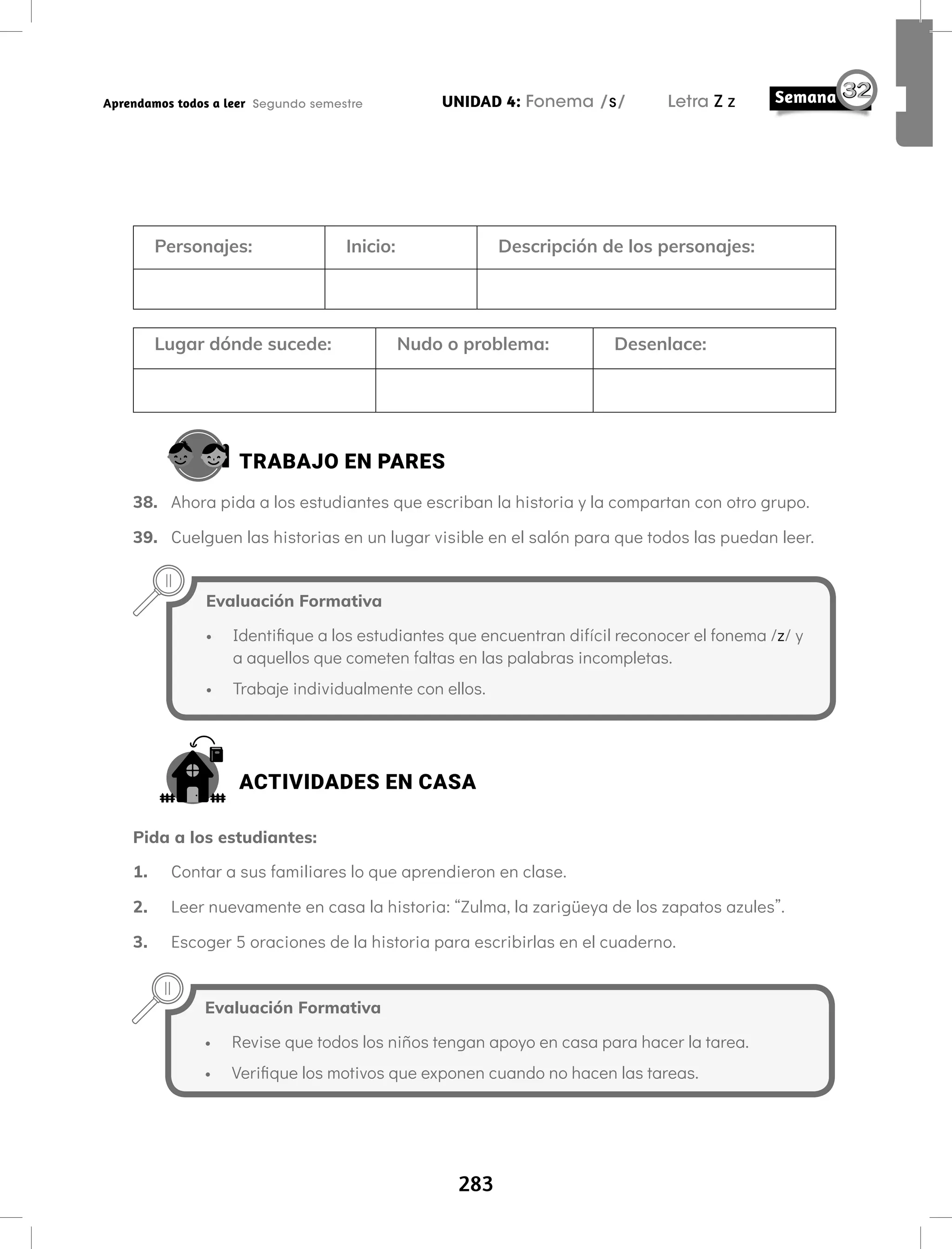 283
UNIDAD 4: Fonema /s/ Letra Z z
Aprendamos todos a leer Segundo semestre
Personajes: Inicio: Descripción de los personajes:
Lugar dónde sucede: Nudo o problema: Desenlace:
TRABAJO EN PARES
38. Ahora pida a los estudiantes que escriban la historia y la compartan con otro grupo.
39. Cuelguen las historias en un lugar visible en el salón para que todos las puedan leer.
Evaluación Formativa
• Identifique a los estudiantes que encuentran difícil reconocer el fonema /z/ y
a aquellos que cometen faltas en las palabras incompletas.
• Trabaje individualmente con ellos.
ACTIVIDADES EN CASA
Pida a los estudiantes:
1. Contar a sus familiares lo que aprendieron en clase.
2. Leer nuevamente en casa la historia: “Zulma, la zarigüeya de los zapatos azules”.
3. Escoger 5 oraciones de la historia para escribirlas en el cuaderno.
Evaluación Formativa
• Revise que todos los niños tengan apoyo en casa para hacer la tarea.
• Verifique los motivos que exponen cuando no hacen las tareas.
 