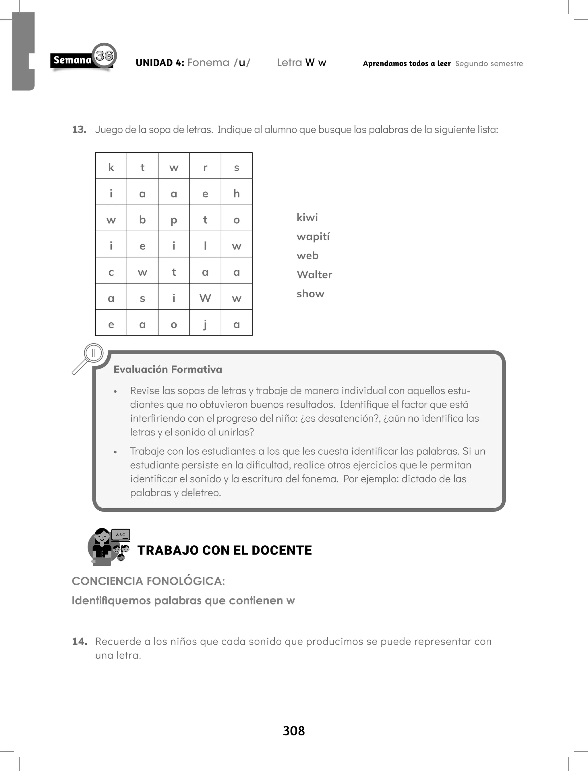 308
UNIDAD 4: Fonema /u/ Letra W w Aprendamos todos a leer Segundo semestre
13. Juego de la sopa de letras. Indique al alumno que busque las palabras de la siguiente lista:
k t w r s
i a a e h
w b p t o
i e i l w
c w t a a
a s i W w
e a o j a
kiwi
wapití
web
Walter
show
Evaluación Formativa
• Revise las sopas de letras y trabaje de manera individual con aquellos estu-
diantes que no obtuvieron buenos resultados. Identifique el factor que está
interfiriendo con el progreso del niño: ¿es desatención?, ¿aún no identifica las
letras y el sonido al unirlas?
• Trabaje con los estudiantes a los que les cuesta identificar las palabras. Si un
estudiante persiste en la dificultad, realice otros ejercicios que le permitan
identificar el sonido y la escritura del fonema. Por ejemplo: dictado de las
palabras y deletreo.
TRABAJO CON EL DOCENTE
CONCIENCIA FONOLÓGICA:
Identifiquemos palabras que contienen w
14. Recuerde a los niños que cada sonido que producimos se puede representar con
una letra.
 