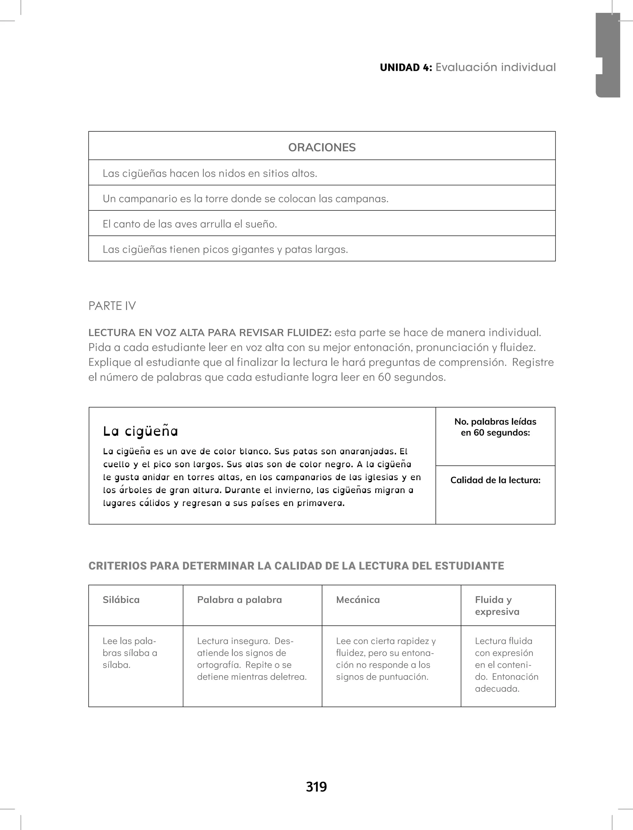 319
Aprendamos todos a leer Segundo semestre UNIDAD 4: Evaluación individual
ORACIONES
Las cigüeñas hacen los nidos en sitios altos.
Un campanario es la torre donde se colocan las campanas.
El canto de las aves arrulla el sueño.
Las cigüeñas tienen picos gigantes y patas largas.
PARTE IV
LECTURA EN VOZ ALTA PARA REVISAR FLUIDEZ: esta parte se hace de manera individual.
Pida a cada estudiante leer en voz alta con su mejor entonación, pronunciación y fluidez.
Explique al estudiante que al finalizar la lectura le hará preguntas de comprensión. Registre
el número de palabras que cada estudiante logra leer en 60 segundos.
La cigüeña
La cigüeña es un ave de color blanco. Sus patas son anaranjadas. El
cuello y el pico son largos. Sus alas son de color negro. A la cigüeña
le gusta anidar en torres altas, en los campanarios de las iglesias y en
los árboles de gran altura. Durante el invierno, las cigüeñas migran a
lugares cálidos y regresan a sus países en primavera.
No. palabras leídas
en 60 segundos:
Calidad de la lectura:
CRITERIOS PARA DETERMINAR LA CALIDAD DE LA LECTURA DEL ESTUDIANTE
Silábica Palabra a palabra Mecánica Fluida y
expresiva
Lee las pala-
bras sílaba a
sílaba.
Lectura insegura. Des-
atiende los signos de
ortografía. Repite o se
detiene mientras deletrea.
Lee con cierta rapidez y
fluidez, pero su entona-
ción no responde a los
signos de puntuación.
Lectura fluida
con expresión
en el conteni-
do. Entonación
adecuada.
UNIDAD 4: Evaluación individual
 