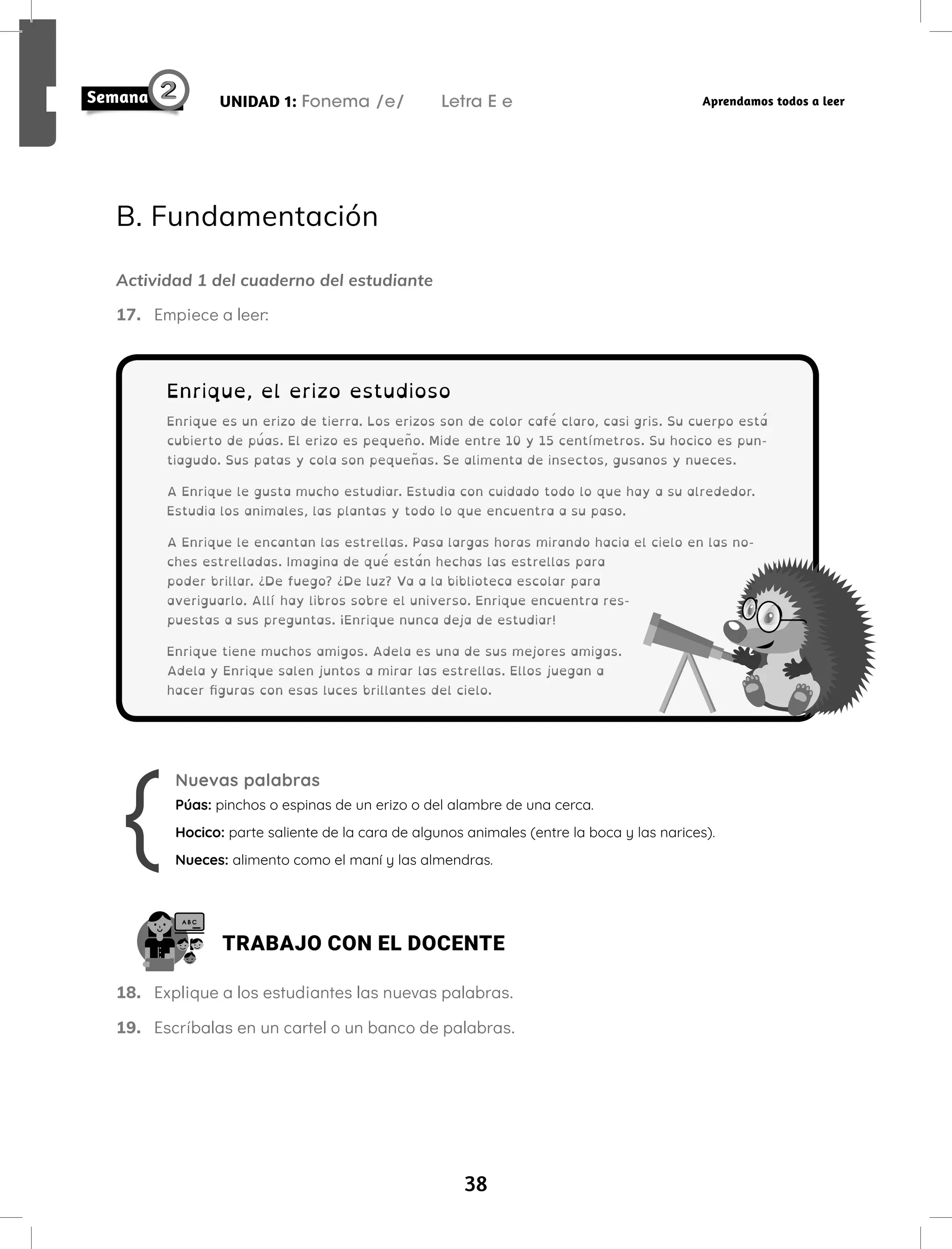 38
UNIDAD 1: Fonema /e/ Letra E e Aprendamos todos a leer
B. Fundamentación
Actividad 1 del cuaderno del estudiante
17. Empiece a leer:
Enrique, el erizo estudioso
Enrique es un erizo de tierra. Los erizos son de color café claro, casi gris. Su cuerpo está
cubierto de púas. El erizo es pequeño. Mide entre 10 y 15 centímetros. Su hocico es pun-
tiagudo. Sus patas y cola son pequeñas. Se alimenta de insectos, gusanos y nueces.
A Enrique le gusta mucho estudiar. Estudia con cuidado todo lo que hay a su alrededor.
Estudia los animales, las plantas y todo lo que encuentra a su paso.
A Enrique le encantan las estrellas. Pasa largas horas mirando hacia el cielo en las no-
ches estrelladas. Imagina de qué están hechas las estrellas para
poder brillar. ¿De fuego? ¿De luz? Va a la biblioteca escolar para
averiguarlo. Allí hay libros sobre el universo. Enrique encuentra res-
puestas a sus preguntas. ¡Enrique nunca deja de estudiar!
Enrique tiene muchos amigos. Adela es una de sus mejores amigas.
Adela y Enrique salen juntos a mirar las estrellas. Ellos juegan a
hacer figuras con esas luces brillantes del cielo.
Nuevas palabras
Púas: pinchos o espinas de un erizo o del alambre de una cerca.
Hocico: parte saliente de la cara de algunos animales (entre la boca y las narices).
Nueces: alimento como el maní y las almendras.
TRABAJO CON EL DOCENTE
18. Explique a los estudiantes las nuevas palabras.
19. Escríbalas en un cartel o un banco de palabras.
 