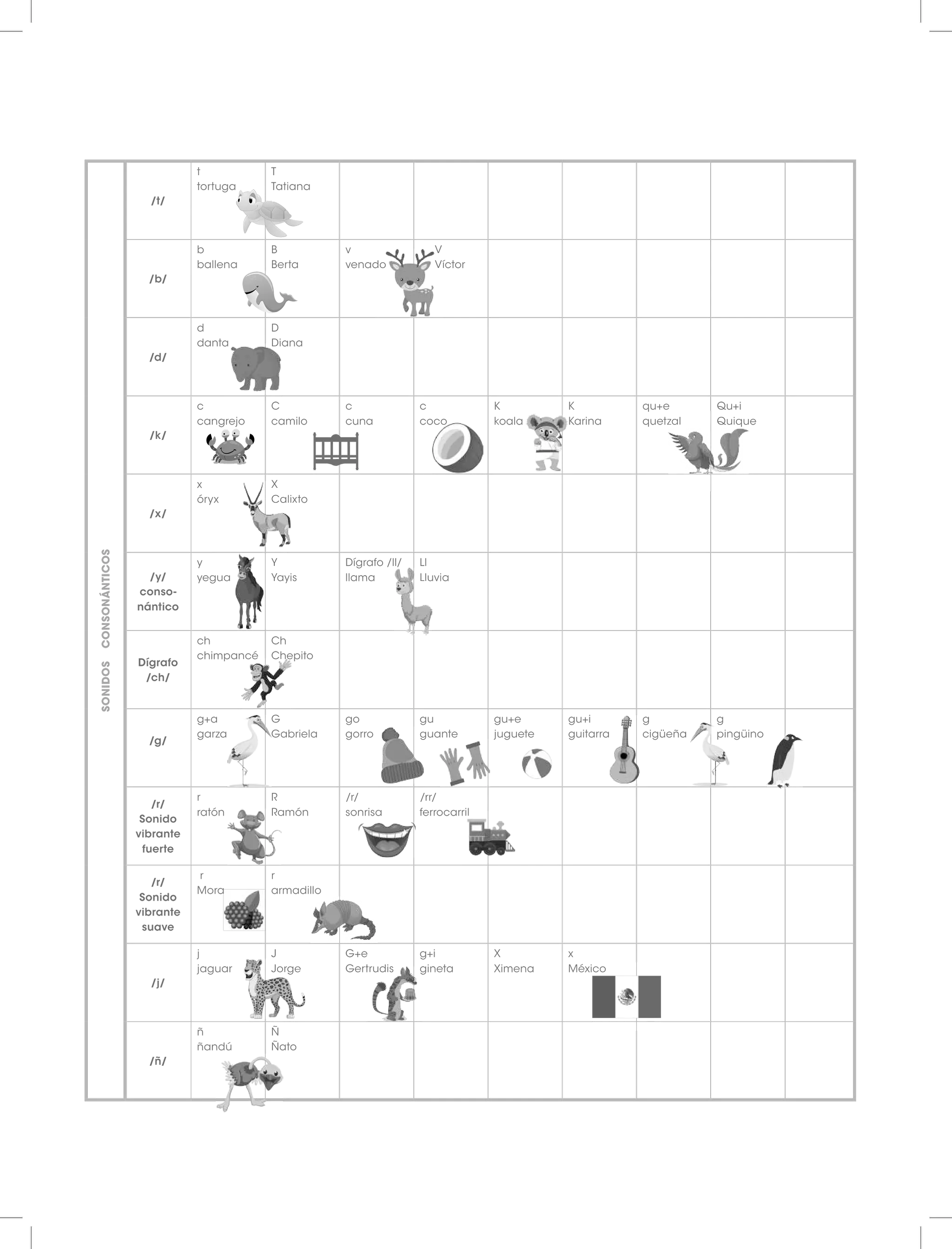 SONIDOS
CONSONÁNTICOS
/t/
t
tortuga
T
Tatiana
/b/
b
ballena
B
Berta
v
venado
V
Víctor
/d/
d
danta
D
Diana
/k/
c
cangrejo
C
camilo
c
cuna
c
coco
K
koala
K
Karina
qu+e
quetzal
Qu+i
Quique
/x/
x
óryx
X
Calixto
/y/
conso-
nántico
y
yegua
Y
Yayis
Dígrafo /ll/
llama
Ll
Lluvia
Dígrafo
/ch/
ch
chimpancé
Ch
Chepito
/g/
g+a
garza
G
Gabriela
go
gorro
gu
guante
gu+e
juguete
gu+i
guitarra
g
cigüeña
g
pingüino
/r/
Sonido
vibrante
fuerte
r
ratón
R
Ramón
/r/
sonrisa
/rr/
ferrocarril
/r/
Sonido
vibrante
suave
r
Mora
r
armadillo
/j/
j
jaguar
J
Jorge
G+e
Gertrudis
g+i
gineta
X
Ximena
x
México
/ñ/
ñ
ñandú
Ñ
Ñato
 