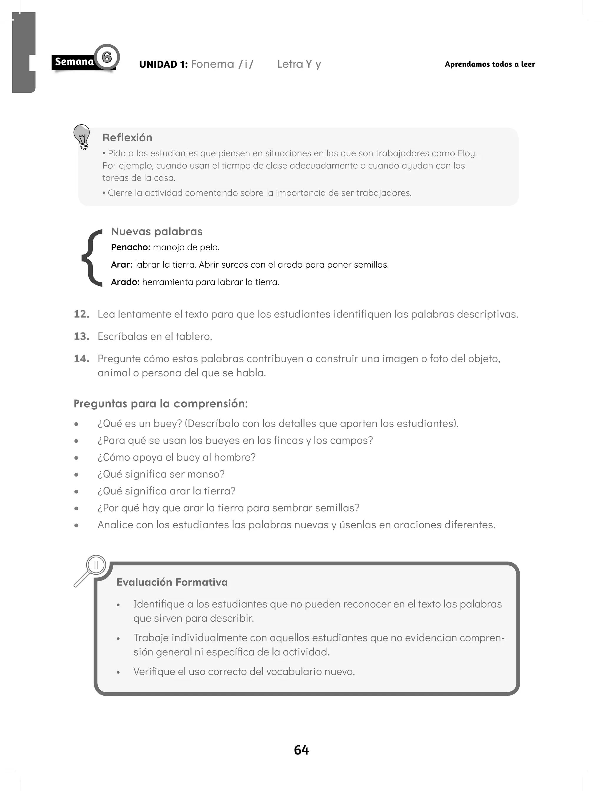 64
UNIDAD 1: Fonema /i/ Letra Y y Aprendamos todos a leer
Nuevas palabras
Penacho: manojo de pelo.
Arar: labrar la tierra. Abrir surcos con el arado para poner semillas.
Arado: herramienta para labrar la tierra.
12. Lea lentamente el texto para que los estudiantes identifiquen las palabras descriptivas.
13. Escríbalas en el tablero.
14. Pregunte cómo estas palabras contribuyen a construir una imagen o foto del objeto,
animal o persona del que se habla.
Preguntas para la comprensión:
• ¿Qué es un buey? (Descríbalo con los detalles que aporten los estudiantes).
• ¿Para qué se usan los bueyes en las fincas y los campos?
• ¿Cómo apoya el buey al hombre?
• ¿Qué significa ser manso?
• ¿Qué significa arar la tierra?
• ¿Por qué hay que arar la tierra para sembrar semillas?
• Analice con los estudiantes las palabras nuevas y úsenlas en oraciones diferentes.
Evaluación Formativa
• Identifique a los estudiantes que no pueden reconocer en el texto las palabras
que sirven para describir.
• Trabaje individualmente con aquellos estudiantes que no evidencian compren-
sión general ni específica de la actividad.
• Verifique el uso correcto del vocabulario nuevo.
Reflexión
• Pida a los estudiantes que piensen en situaciones en las que son trabajadores como Eloy.
Por ejemplo, cuando usan el tiempo de clase adecuadamente o cuando ayudan con las
tareas de la casa.
• Cierre la actividad comentando sobre la importancia de ser trabajadores.
 