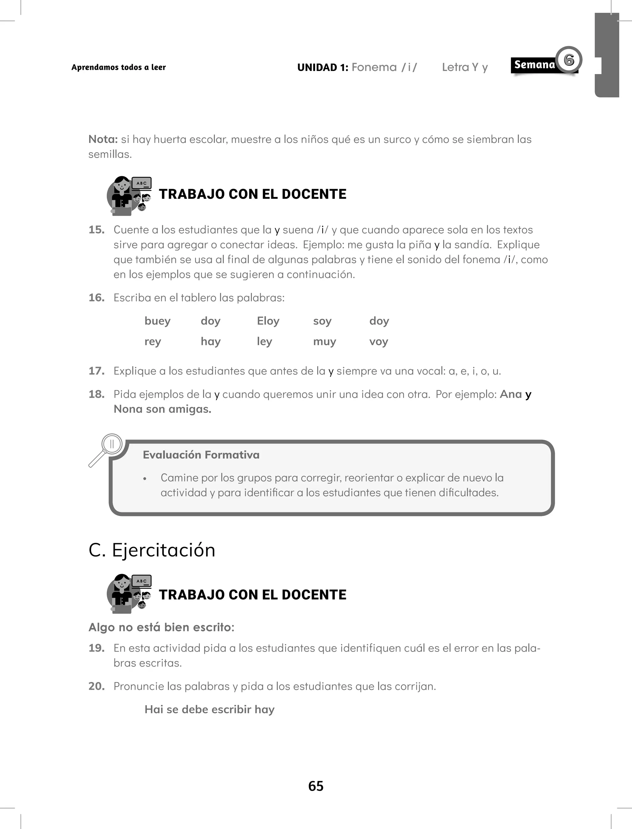 65
UNIDAD 1: Fonema /i/ Letra Y y
Aprendamos todos a leer
Nota: si hay huerta escolar, muestre a los niños qué es un surco y cómo se siembran las
semillas.
TRABAJO CON EL DOCENTE
15. Cuente a los estudiantes que la y suena /i/ y que cuando aparece sola en los textos
sirve para agregar o conectar ideas. Ejemplo: me gusta la piña y la sandía. Explique
que también se usa al final de algunas palabras y tiene el sonido del fonema /i/, como
en los ejemplos que se sugieren a continuación.
16. Escriba en el tablero las palabras:
buey doy Eloy soy doy
rey hay ley muy voy
17. Explique a los estudiantes que antes de la y siempre va una vocal: a, e, i, o, u.
18. Pida ejemplos de la y cuando queremos unir una idea con otra. Por ejemplo: Ana y
Nona son amigas.
Evaluación Formativa
• Camine por los grupos para corregir, reorientar o explicar de nuevo la
actividad y para identificar a los estudiantes que tienen dificultades.
C. Ejercitación
TRABAJO CON EL DOCENTE
Algo no está bien escrito:
19. En esta actividad pida a los estudiantes que identifiquen cuál es el error en las pala-
bras escritas.
20. Pronuncie las palabras y pida a los estudiantes que las corrijan.
Hai se debe escribir hay
 