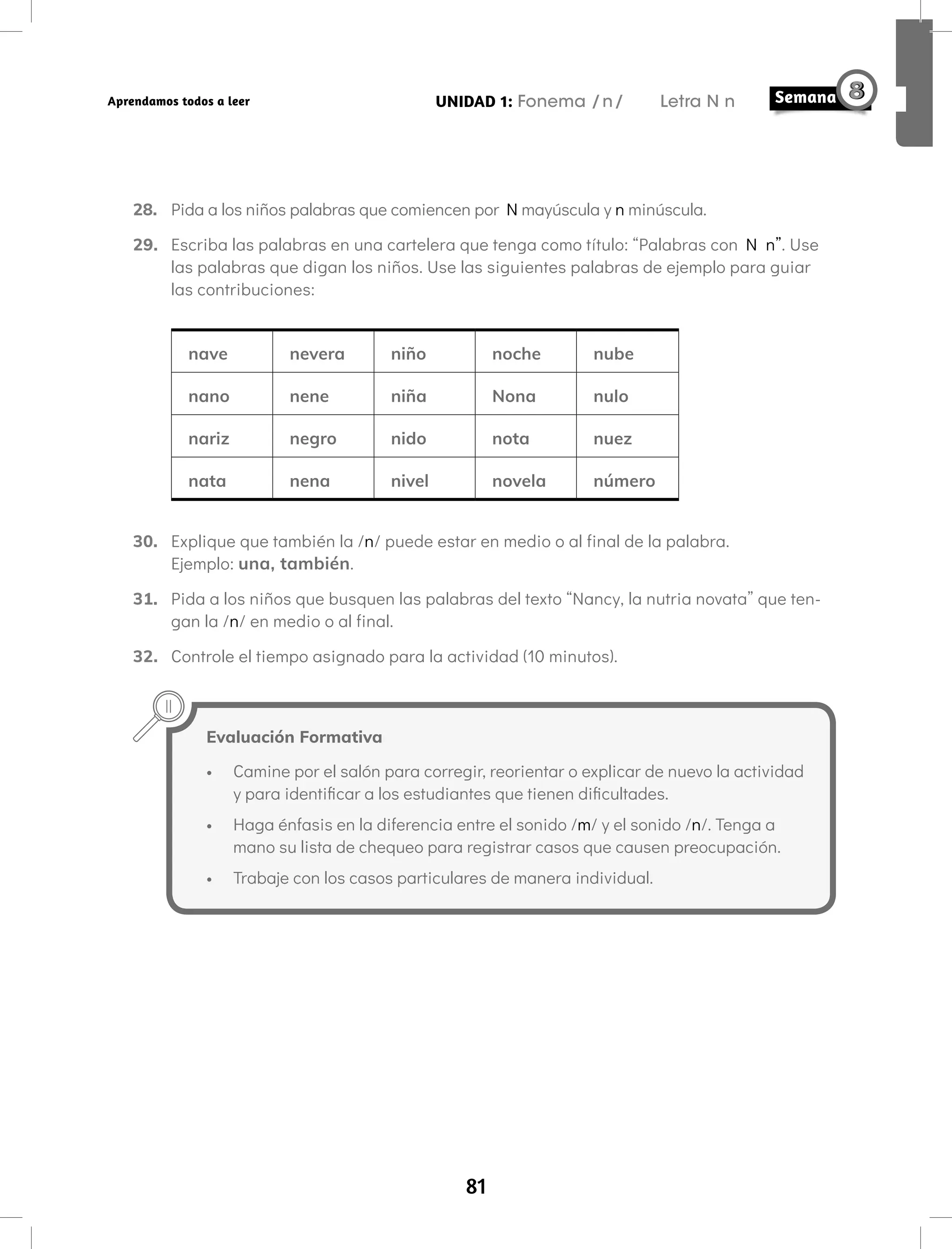 81
UNIDAD 1: Fonema /n/ Letra N n
Aprendamos todos a leer
28. Pida a los niños palabras que comiencen por N mayúscula y n minúscula.
29. Escriba las palabras en una cartelera que tenga como título: “Palabras con N n”. Use
las palabras que digan los niños. Use las siguientes palabras de ejemplo para guiar
las contribuciones:
nave nevera niño noche nube
nano nene niña Nona nulo
nariz negro nido nota nuez
nata nena nivel novela número
30. Explique que también la /n/ puede estar en medio o al final de la palabra.
Ejemplo: una, también.
31. Pida a los niños que busquen las palabras del texto “Nancy, la nutria novata” que ten-
gan la /n/ en medio o al final.
32. Controle el tiempo asignado para la actividad (10 minutos).
Evaluación Formativa
• Camine por el salón para corregir, reorientar o explicar de nuevo la actividad
y para identificar a los estudiantes que tienen dificultades.
• Haga énfasis en la diferencia entre el sonido /m/ y el sonido /n/. Tenga a
mano su lista de chequeo para registrar casos que causen preocupación.
• Trabaje con los casos particulares de manera individual.
 