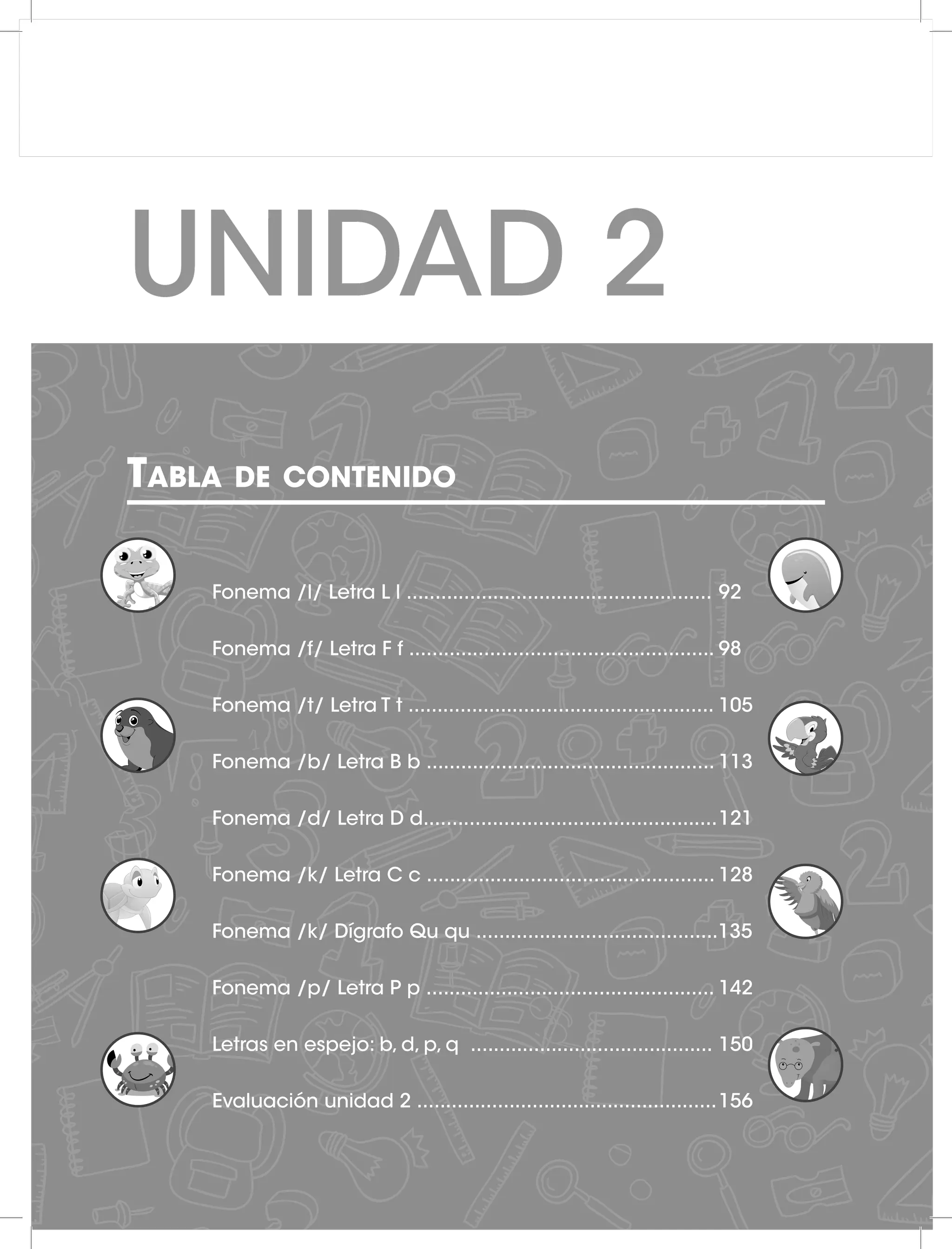 UNIDAD 2
Tabla de contenido
Fonema /l/ Letra L l ..................................................... 92
Fonema /f/ Letra F f ..................................................... 98
Fonema /t/ Letra T t ..................................................... 105
Fonema /b/ Letra B b .................................................. 113
Fonema /d/ Letra D d...................................................121
Fonema /k/ Letra C c .................................................. 128
Fonema /k/ Dígrafo Qu qu ..........................................135
Fonema /p/ Letra P p .................................................. 142
Letras en espejo: b, d, p, q .......................................... 150
Evaluación unidad 2 ....................................................156
 
