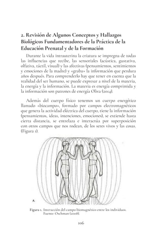 106
2. Revisión de Algunos Conceptos y Hallazgos
Biológicos Fundamentadores de la Práctica de la
Educación Prenatal y de la Formación
Durante la vida intrauterina la criatura se impregna de todas
las influencias que recibe, las sensoriales (acústica, gustativa,
olfativa, táctil, visual) y las afectivas (pensamientos, sentimientos
y emociones de la madre) y «graba» la información que perdura
años después. Para comprenderlo hay que tener en cuenta que la
realidad del ser humano, se puede expresar a nivel de la materia,
la energía y la información. La materia es energía comprimida y
la información son patrones de energía Oliva (2014).
Además del cuerpo físico tenemos un cuerpo energético
llamado «biocampo», formado por campos electromagnéticos
que genera la actividad eléctrica del cuerpo, tiene la información
(pensamientos, ideas, intenciones, emociones), se extiende hasta
cierta distancia, se entrelaza e interactúa por superposición
con otros campos que nos rodean, de los seres vivos y las cosas.
(Figura 1).
Figura 1. Interacción del campo biomagnético entre los individuos.
Fuente: Oschman (2008).
 