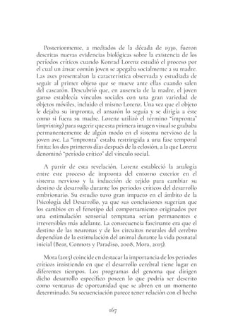167
Posteriormente, a mediados de la década de 1930, fueron
descritas nuevas evidencias biológicas sobre la existencia de los
períodos críticos cuando Konrad Lorenz estudió el proceso por
el cual un ánsar común joven se apegaba socialmente a su madre.
Las aves presentaban la característica observada y estudiada de
seguir al primer objeto que se mueve ante ellas cuando salen
del cascarón. Descubrió que, en ausencia de la madre, el joven
ganso establecía vínculos sociales con una gran variedad de
objetos móviles, incluido el mismo Lorenz. Una vez que el objeto
le dejaba su impronta, el ansarón lo seguía y se dirigía a éste
como si fuera su madre. Lorenz utilizó el término “impronta”
(imprinting) para sugerir que esta primera imagen visual se grababa
permanentemente de algún modo en el sistema nervioso de la
joven ave. La “impronta” estaba restringida a una fase temporal
finita: los dos primeros días después de la eclosión, a la que Lorenz
denominó “período crítico” del vínculo social.
A partir de esta revelación, Lorenz estableció la analogía
entre este proceso de impronta del entorno exterior en el
sistema nervioso y la inducción de tejido para cambiar su
destino de desarrollo durante los periodos críticos del desarrollo
embrionario. Su estudio tuvo gran impacto en el ámbito de la
Psicología del Desarrollo, ya que sus conclusiones sugerían que
los cambios en el fenotipo del comportamiento originados por
una estimulación sensorial temprana serían permanentes e
irreversibles más adelante. La consecuencia fascinante era que el
destino de las neuronas y de los circuitos neurales del cerebro
dependían de la estimulación del animal durante la vida posnatal
inicial (Bear, Connors y Paradiso, 2008, Mora, 2015).
Mora (2015) coincide en destacar la importancia de los periodos
críticos insistiendo en que el desarrollo cerebral tiene lugar en
diferentes tiempos. Los programas del genoma que dirigen
dicho desarrollo específico poseen lo que podría ser descrito
como ventanas de oportunidad que se abren en un momento
determinado. Su secuenciación parece tener relación con el hecho
 