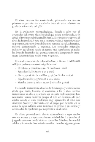 228
El niño, cuando fue escolarizado, presentaba un retraso
psicomotor que afectaba a todas las áreas del desarrollo con un
grado de minusvalía del 58%.
En la evaluación psicopedagógica, llevada a cabo por el
orientador del centro educativo en el que estaba escolarizado, se le
aplicó el Inventario de Desarrollo Batelle. Este inventario aprecia el
nivel de desarrollo del niño con o sin minusvalías, y permite evaluar
su progreso, en cinco áreas diferentes: personal-social, adaptativa,
motora, comunicación y cognitiva. Los resultados obtenidos
indicaron que el niño poseía un retraso muy significativo en todas
las áreas de desarrollo. Las puntuaciones en la comparación intra-
sujeto determinó que estaba entre 8-15 meses.
El test de valoración de la Función Motriz Gruesa (GMFM-88)
reflejaba problemas motores significativos:
- Decúbitos y rotaciones: 94,11% (100% con 1 año)
- Sentado: 66,66% (100% a los 2 años)
- Gateo y posición de rodillas: 7,14% (100% a los 2 años).
- Bipedestación: 33,33% (100% a los 4 años).
- Marcha, correr y saltar: 22,22% (100% a los 5 años)
Ha tenido tratamiento directo de fisioterapia y estimulación
desde que nació. Cuando se escolarizó a los 3 años, recibió
tratamiento un día a la semana en un aula multisensorial. Los
resultados fueron positivos porque el tipo de estímulos de que
estaba dotada el aula resultaban muy agradables al niño con
síndrome Weaver y disfrutaba con el juego; por ejemplo, en la
cama de agua admitía estar tumbado en prono o en supino y
actividades de equilibrio que no permitía en el suelo.
En el área personal social el niño acostumbraba a jugar mucho
con sus manos y a quedarse absorto mirándolas. Le gustaba el
juego de contacto, que le hicieran cosquillas. Miraba a la cara del
adulto y le sonreía. No imitaba sonidos. Imitaba algunos gestos
 