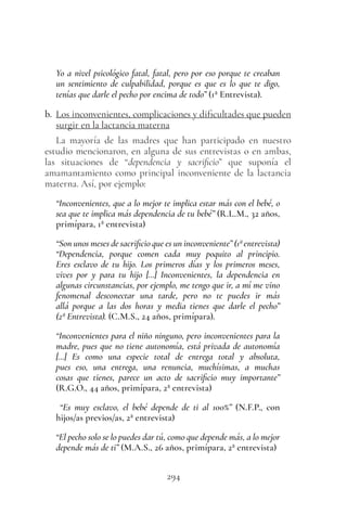 294
Yo a nivel psicológico fatal, fatal, pero por eso porque te creaban
un sentimiento de culpabilidad, porque es que es lo que te digo,
tenías que darle el pecho por encima de todo” (1ª Entrevista).
b. Los inconvenientes, complicaciones y dificultades que pueden
surgir en la lactancia materna
La mayoría de las madres que han participado en nuestro
estudio mencionaron, en alguna de sus entrevistas o en ambas,
las situaciones de “dependencia y sacrificio” que suponía el
amamantamiento como principal inconveniente de la lactancia
materna. Así, por ejemplo:
“Inconvenientes, que a lo mejor te implica estar más con el bebé, o
sea que te implica más dependencia de tu bebé” (R.L.M., 32 años,
primípara, 1ª entrevista)
“Son unos meses de sacrificio que es un inconveniente” (1ª entrevista)
“Dependencia, porque comen cada muy poquito al principio.
Eres esclavo de tu hijo. Los primeros días y los primeros meses,
vives por y para tu hijo […] Inconvenientes, la dependencia en
algunas circunstancias, por ejemplo, me tengo que ir, a mí me vino
fenomenal desconectar una tarde, pero no te puedes ir más
allá porque a las dos horas y media tienes que darle el pecho”
(2ª Entrevista). (C.M.S., 24 años, primípara).
“Inconvenientes para el niño ninguno, pero inconvenientes para la
madre, pues que no tiene autonomía, está privada de autonomía
[…] Es como una especie total de entrega total y absoluta,
pues eso, una entrega, una renuncia, muchísimas, a muchas
cosas que tienes, parece un acto de sacrificio muy importante”
(R.G.O., 44 años, primípara, 2ª entrevista)
“Es muy esclavo, el bebé depende de ti al 100%” (N.F.P., con
hijos/as previos/as, 2ª entrevista)
“El pecho solo se lo puedes dar tú, como que depende más, a lo mejor
depende más de ti” (M.A.S., 26 años, primípara, 2ª entrevista)
 