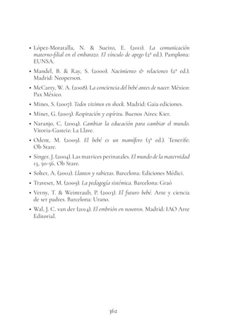 362
• López-Moratalla, N. & Sueiro, E. (2011). La comunicación
materno-filial en el embarazo. El vínculo de apego (2ª ed.). Pamplona:
EUNSA.
• Mandel, B. & Ray, S. (2000). Nacimiento & relaciones (2ª ed.).
Madrid: Neoperson.
• McCarty, W. A. (2008). La conciencia del bebé antes de nacer. México:
Pax México.
• Mines, S. (2007). Todos vivimos en shock. Madrid: Gaia ediciones.
• Minet, G. (2003). Respiración y espíritu. Buenos Aires: Kier.
• Naranjo, C. (2004). Cambiar la educación para cambiar el mundo.
Vitoria-Gasteiz: La Llave.
• Odent, M. (2009). El bebé es un mamífero (3ª ed.). Tenerife:
Ob Stare.
• Singer, J. (2004). Las matrices perinatales. El mundo de la maternidad
13, 50-56. Ob Stare.
• Solter, A. (2002). Llantos y rabietas. Barcelona: Ediciones Médici.
• Traveset, M. (2009). La pedagogía sistémica. Barcelona: Graó
• Verny, T. & Weintraub, P. (2003). El futuro bebé. Arte y ciencia
de ser padres. Barcelona: Urano.
• Wal, J. C. van der (2014). El embrión en nosotros. Madrid: IAO Arte
Editorial.
 