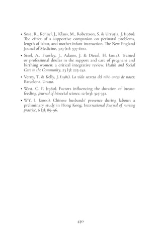 430
• Sosa, R., Kennel, J., Klaus, M., Robertson, S. & Urrutia, J. (1980).
The effect of a supportive companion on perinatal problems,
length of labor, and mother-infant interaction. The New England
Jounal of Medicine, 303 (11): 597-600.
• Steel, A., Frawley, J., Adams, J. & Diezel, H. (2014). Trained
or professional doulas in the support and care of pregnant and
birthing women: a critical integrative review. Health and Social
Care in the Community, 23 (3): 225-241.
• Verny, T. & Kelly, J. (1981). La vida secreta del niño antes de nacer.
Barcelona: Urano.
• West, C. P. (1980). Factors influencing the duration of breast-
feeding. Journal of biosocial science, 12 (03): 325-332.
• WY, I. (2000). Chinese husbands’ presence during labour: a
preliminary study in Hong Kong. International Journal of nursing
practice, 6 (2): 89-96.
 