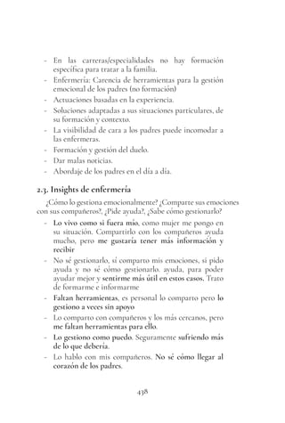 438
- En las carreras/especialidades no hay formación
específica para tratar a la familia.
- Enfermería: Carencia de herramientas para la gestión
emocional de los padres (no formación)
- Actuaciones basadas en la experiencia.
- Soluciones adaptadas a sus situaciones particulares, de
su formación y contexto.
- La visibilidad de cara a los padres puede incomodar a
las enfermeras.
- Formación y gestión del duelo.
- Dar malas noticias.
- Abordaje de los padres en el día a día.
2.3. Insights de enfermería
¿Cómo lo gestiona emocionalmente? ¿Comparte sus emociones
con sus compañeros?, ¿Pide ayuda?, ¿Sabe cómo gestionarlo?
- Lo vivo como si fuera mío, como mujer me pongo en
su situación. Compartirlo con los compañeros ayuda
mucho, pero me gustaría tener más información y
recibir
- No sé gestionarlo, sí comparto mis emociones, si pido
ayuda y no sé cómo gestionarlo. ayuda, para poder
ayudar mejor y sentirme más útil en estos casos. Trato
de formarme e informarme
- Faltan herramientas, es personal lo comparto pero lo
gestiono a veces sin apoyo
- Lo comparto con compañeros y los más cercanos, pero
me faltan herramientas para ello.
- Lo gestiono como puedo. Seguramente sufriendo más
de lo que debería.
- Lo hablo con mis compañeros. No sé cómo llegar al
corazón de los padres.
 