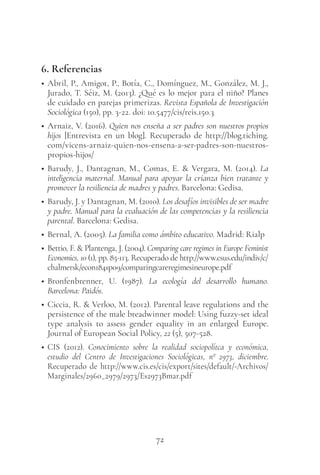 72
6. Referencias
• Abril, P., Amigot, P., Botía, C., Domínguez, M., González, M. J.,
Jurado, T. Séiz, M. (2013). ¿Qué es lo mejor para el niño? Planes
de cuidado en parejas primerizas. Revista Española de Investigación
Sociológica (150), pp. 3-22. doi: 10.5477/cis/reis.150.3
• Arnaiz, V. (2016). Quien nos enseña a ser padres son nuestros propios
hijos [Entrevista en un blog]. Recuperado de http://blog.tiching.
com/vicens-arnaiz-quien-nos-ensena-a-ser-padres-son-nuestros-
propios-hijos/
• Barudy, J., Dantagnan, M., Comas, E. & Vergara, M. (2014). La
inteligencia maternal. Manual para apoyar la crianza bien tratante y
promover la resiliencia de madres y padres. Barcelona: Gedisa.
• Barudy, J. y Dantagnan, M. (2010). Los desafíos invisibles de ser madre
y padre. Manual para la evaluación de las competencias y la resiliencia
parental. Barcelona: Gedisa.
• Bernal, A. (2005). La familia como ámbito educativo. Madrid: Rialp
• Bettio, F. & Plantenga, J. (2004). Comparing care regimes in Europe Feminist
Economics, 10 (1), pp. 85-113. Recuperado de http://www.csus.edu/indiv/c/
chalmersk/econ184sp09/comparingcareregimesineurope.pdf
• Bronfenbrenner, U. (1987). La ecología del desarrollo humano.
Barcelona: Paidós.
• Ciccia, R. & Verloo, M. (2012). Parental leave regulations and the
persistence of the male breadwinner model: Using fuzzy-set ideal
type analysis to assess gender equality in an enlarged Europe.
Journal of European Social Policy, 22 (5), 507-528.
• CIS (2012). Conocimiento sobre la realidad sociopolítca y económica,
estudio del Centro de Investigaciones Sociológicas, nº 2973, diciembre.
Recuperado de http://www.cis.es/cis/export/sites/default/-Archivos/
Marginales/2960_2979/2973/Es2973Bmar.pdf
 