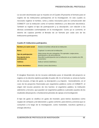 PRESENTACIÓN DEL PROTOCOLO
ELABORACIÓN DE PROTOCOLOS DE INVESTIGACIÓN 68
La sección decimosexta que se muestra en el Cuadro 29 presenta el formato para el
registro de las instituciones participantes en la investigación. En este cuadro es
necesario registrar el nombre, rama y datos necesarios para la comunicación del
CONACYT con la institución como el número telefónico y la dirección electrónica.
También se registra el tipo de participación y su descripción, con relación a las
diversas actividades contempladas en la investigación. Como ya se comentó, el
sistema de captura permite el llenado de un formato por cada una de las
instituciones participantes.
Cuadro 29. Instituciones participantes.
Nombre y/o razón social Anotar el nombre oficial de la institución.
Rama Capturar la rama de la institución.
Tipo de participación
Seleccionar de seis categorías. Por ejemplo: coejecutora,
participante y de procedencia.
Descripción de la
participación
Describir la participación de la institución en un máximo de 250
caracteres.
Teléfono Indicar número telefónico.
Correo electrónico Anotar correo electrónico.
El desglose financiero de los recursos solicitados para el desarrollo del proyecto se
registra en la décimo séptima pantalla (Cuadro 30). En el formato se anota la fuente
de los recursos, el tipo de gasto, su descripción y su importe. Generalmente, en el
caso de los proyectos financiados por organismos públicos como el CONACYT, el
origen del recurso proviene de tres fuentes: el organismo público, la institución
solicitante y terceros, que pueden ser organismos públicos o privados usuarios de los
resultados del proyecto, o fundaciones privadas de apoyo a la investigación.
El tipo de gasto se clasifica en gasto de inversión, para bienes duraderos como
equipo de cómputo y de laboratorio; y gasto corriente, para bienes y servicios que se
consumen a lo largo de la investigación, como materiales, reactivos químicos y
energía eléctrica.
 