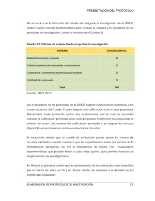 PRESENTACIÓN DEL PROTOCOLO
ELABORACIÓN DE PROTOCOLOS DE INVESTIGACIÓN 72
De acuerdo con la Dirección de Estudios de Posgrado e Investigación de la DGEST,
existen cuatro criterios fundamentales para evaluar la calidad y la viabilidad de un
protocolo de investigación, como se muestra en el Cuadro 33.
Cuadro 33. Criterios de evaluación de proyectos de investigación.
CRITERIO EVALUACIÓN (%)
Calidad técnica de la propuesta 50
Calidad académica del responsable y colaboradores 20
Congruencia y consistencia del presupuesto solicitado 20
Viabilidad de la propuesta 10
Total 100
Fuente: DEPI, 2013.
Los evaluadores de los protocolos de la DGEST asignan calificaciones numéricas a los
cuatro aspectos del Cuadro 31 para asignar una calificación total a cada propuesta.
Típicamente cada protocolo recibe tres evaluaciones, por lo cual es necesario
calcular la calificación promedio para cada propuesta. Finalmente, las propuestas se
enlistan en orden decreciente de calificación promedio y se asignan los recursos
disponibles a las propuestas con las evaluaciones más altas.
Es importante señalar que el comité de evaluación puede ajustar los montos de
recursos solicitados cuando considera que los requerimientos están por encima de lo
normalmente apropiado. De ahí la importancia de contar con evaluadores
experimentados que puedan llevar a cabo estos ajustes, pues permite financiar un
mayor número de investigaciones.
En México es práctica común que los presupuestos de los protocolos sean reducidos
por un factor de entre un 10 y un 30 por ciento, de acuerdo a la decisión de los
comités de evaluación.
 