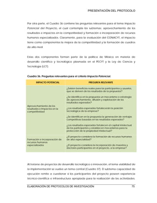 PRESENTACIÓN DEL PROTOCOLO
ELABORACIÓN DE PROTOCOLOS DE INVESTIGACIÓN 75
Por otra parte, el Cuadro 36 contiene las preguntas relevantes para el tema Impacto
Potencial del Proyecto, el cual contempla los subtemas: aprovechamiento de los
resultados e impactos en la competitividad y formación e incorporación de recursos
humanos especializados. Claramente, para la evaluación del CONACYT, el impacto
tiene como componentes la mejora de la competitividad y la formación de cuadros
de alto nivel.
Estas dos componentes forman parte de la política de México en materia de
desarrollo científico y tecnológico plasmada en el PECYT y la Ley de Ciencia y
Tecnología (LCT).
Cuadro 36. Preguntas relevantes para el criterio Impacto Potencial.
IMPACTO POTENCIAL PREGUNTA RELEVANTE
Aprovechamiento de los
resultados e Impactos en la
competitividad
¿Existen beneficios reales para los participantes y usuarios,
que se deriven de los resultados de la propuesta?
¿Se identifica en la propuesta un mecanismo o estrategia
de aprovechamiento, difusión y explotación de los
resultados esperados?
¿Los resultados esperados fortalecerán la posición
tecnológica de la empresa?
¿Se identifican en la propuesta la generación de ventajas
competitivas basadas en los resultados esperados?
¿Los resultados esperados fortalecen el capital intelectual
de los participantes y establecen mecanismos para la
protección de la propiedad intelectual?
Formación e incorporación de
recursos humanos
especializados
¿El proyecto considera la formación de recursos humanos
de alta especialidad?
¿El proyecto considera la incorporación de maestros y
doctores participantes en el proyecto, a la empresa?
Al tratarse de proyectos de desarrollo tecnológico o innovación, el tema viabilidad de
la implementación se vuelve un tema central (Cuadro 37). El subtema capacidad de
ejecución remite a cuestionar si los participantes del proyecto poseen experiencia
técnico-científica e infraestructura apropiada para la realización de las actividades.
 