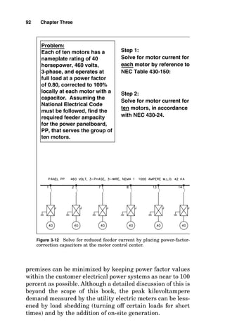 premises can be minimized by keeping power factor values
within the customer electrical power systems as near to 100
percent as possible. Although a detailed discussion of this is
beyond the scope of this book, the peak kilovoltampere
demand measured by the utility electric meters can be less-
ened by load shedding (turning off certain loads for short
times) and by the addition of on-site generation.
92 Chapter Three
Problem:
Each of ten motors has a
nameplate rating of 40
horsepower, 460 volts,
3-phase, and operates at
full load at a power factor
of 0.80, corrected to 100%
locally at each motor with a
capacitor. Assuming the
National Electrical Code
must be followed, find the
required feeder ampacity
for the power panelboard,
PP, that serves the group of
ten motors.
Step 1:
Solve for motor current for
each motor by reference to
NEC Table 430-150:
Step 2:
Solve for motor current for
ten motors, in accordance
with NEC 430-24.
Figure 3-12 Solve for reduced feeder current by placing power-factor-
correction capacitors at the motor control center.
 