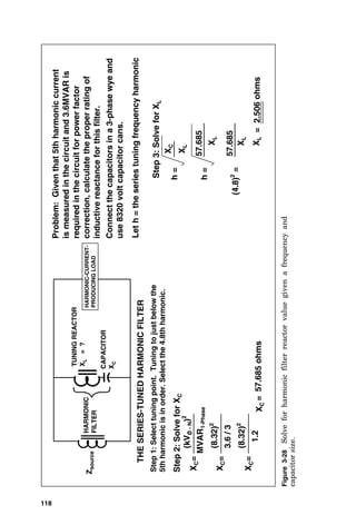 THE
SERIES-TUNED
HARMONIC
FILTER
Z
source
TUNING
REACTOR
X
L
=
?
CAPACITOR
X
C
HARMONIC
FILTER
HARMONIC-CURRENT-
PRODUCING
LOAD
Problem:
Given
that
5th
harmonic
current
is
measured
in
the
circuit
and
3.6MVAR
is
required
in
the
circuit
for
power
factor
correction,
calculate
the
proper
rating
of
inductive
reactance
for
this
filter.
Step
1:
Select
tuning
point.
Tuning
to
just
below
the
5th
harmonic
is
in
order.
Select
the
4.8th
harmonic.
Step
2:
Solve
for
X
C
X
C
=
MVAR
1-Phase
Connect
the
capacitors
in
a
3-phase
wye
and
use
8320
volt
capacitor
cans.
(8.32)
2
3.6
/
3
=
=
X
C
X
C
(kV
O
-
N
)
2
(8.32)
2
1.2
=
X
C
57.685
ohms
Step
3:
Solve
for
X
L
h
=
Let
h
=
the
series
tuning
frequency
harmonic
X
C
X
L
h
=
X
L
57.685
(4.8)
2
=
57.685
X
L
X
L
=
2.506
ohms
Figure
3-28
Solve
for
harmonic
filter
reactor
value
given
a
frequency
and
capacitor
size.
118
 