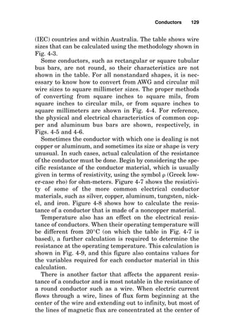(IEC) countries and within Australia. The table shows wire
sizes that can be calculated using the methodology shown in
Fig. 4-3.
Some conductors, such as rectangular or square tubular
bus bars, are not round, so their characteristics are not
shown in the table. For all nonstandard shapes, it is nec-
essary to know how to convert from AWG and circular mil
wire sizes to square millimeter sizes. The proper methods
of converting from square inches to square mils, from
square inches to circular mils, or from square inches to
square millimeters are shown in Fig. 4-4. For reference,
the physical and electrical characteristics of common cop-
per and aluminum bus bars are shown, respectively, in
Figs. 4-5 and 4-6.
Sometimes the conductor with which one is dealing is not
copper or aluminum, and sometimes its size or shape is very
unusual. In such cases, actual calculation of the resistance
of the conductor must be done. Begin by considering the spe-
cific resistance of the conductor material, which is usually
given in terms of resistivity, using the symbol  