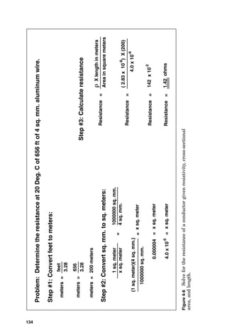 a table that shows ac wire resistance and impedance in a
60-Hz system operating at 75°C.
Calculating the Impedance of a Cable
The impedance of a cable or a set of conductors is the vector
sum of
R  jXL  jXC
where R is the conductor resistance calculated in the last
section, and XL is the inductive reactance of the cable. The
Conductors 133
CONDUCTOR RESISTIVITY
MATERIAL (OHM-METERS @ 20°C)  10–8
Silver 1.64
Copper 1.72
Aluminum 2.83
Tungsten 5.5
Nickel 7.8
Iron 12.0
Figure 4-7 Resistivity of common electrical conductors.
Bus bars must be braced for short-circuit current.
 