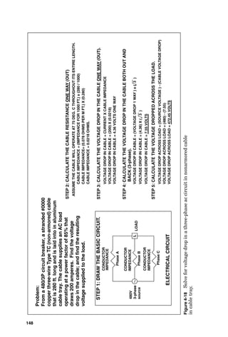 ELECTRICAL
CIRCUIT
ASSUME
THE
CABLE
WILL
OPERATE
AT
75
DEG.
C
THROUGHOUT
ITS
ENTIRE
LENGTH.
CABLE
IMPEDANCE
=
(IMPEDANCE
FOR
1000
FT.)
x
(230
/
1000)
CABLE
IMPEDANCE=
(0.7
OHMS
PER
M
FT.)
X
(0.230)
CABLE
IMPEDANCE
=
0.161
OHMS.
CONDUCTOR
IMPEDANCE
CONDUCTOR
IMPEDANCE
OUT
BACK
480V
source
Problem:
From
a
480VAC
circuit
breaker,
a
solid
#8
copper
two-wire
cable
that
is
230
feet
long
supplies
an
induction
furnace
load
that
requires
21
kW.
Find
the
approximate
voltage
drop
in
the
cable;
and
find
the
resulting
approximate
voltage
supplied
to
the
induction
furnace
(ignoring
current
harmonics).
STEP
1:
DRAW
THE
BASIC
CIRCUIT.
STEP
2:
CALCULATE
THE
CABLE
RESISTANCE
ONE
WAY
(OUT)
VOLTAGE
DROP
IN
CABLE
=
CURRENT
X
CABLE
IMPEDANCE
VOLTAGE
DROP
IN
CABLE
=
(43.75)
X
(0.161)
VOLTAGE
DROP
IN
CABLE
=
7.043
VOLTS
ONE
WAY
STEP
4:
CALCULATE
THE
VOLTAGE
DROP
IN
THE
CABLE
ONE
WAY
(OUT).
STEP
3:
CALCULATE
THE
CURRENT
FLOW
IN
THE
CIRCUIT.
POWER
=
VOLTAGE
X
CURRENT
THE
FURNACE
DRAWS
21kW,
THEREFORE,
LINE
CURRENT
IS:
21000
=
(480
VOLTS)
x
(CURRENT)
21000
=
CURRENT
480
43.75
AMP
=
CURRENT
STEP
5:
CALCULATE
THE
VOLTAGE
DROP
IN
THE
CABLE
BOTH
OUT
AND
BACK.
VOLTAGE
DROP
IN
CABLE
=
(VOLTAGE
DROP
1
WAY
)
x
(2)
VOLTAGE
DROP
IN
CABLE
=
(7.043)
X
(2)
VOLTAGE
DROP
IN
CABLE
=
14.08
VOLTS
STEP
6:
CALCULATE
THE
VOLTAGE
DROPPED
ACROSS
THE
LOAD.
VOLTAGE
DROP
ACROSS
LOAD
=
(SOURCE
VOLTAGE
)
-
(CABLE
VOLTAGE
DROP)
VOLTAGE
DROP
ACROSS
LOAD
=
(480)
-
(14.08)
VOLTAGE
DROP
ACROSS
LOAD
=
465.91
VOLTS
F
21
kW
LOAD
Figure
4-16
Solve
for
approximate
voltage
drop
in
an
ac
circuit
in
magnetic
conduit
given
wire
size,
temperature,
and
load
characteristics.
146
 
