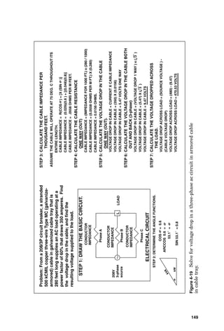 ELECTRICAL
CIRCUIT
ASSUME
THE
CABLE
WILL
OPERATE
AT
75
DEG.
C
THROUGHOUT
ITS
ENTIRE
LENGTH.
CABLE
IMPEDANCE
=
(IMPEDANCE
FOR
1000
FT.)
x
(120
/
1000)
CABLE
IMPEDANCE=
(0.19
OHMS
PER
M
FT.)
X
(0.120)
CABLE
IMPEDANCE
=
0.0228
OHMS.
CONDUCTOR
IMPEDANCE
CONDUCTOR
IMPEDANCE
OUT
BACK
480V
source
Problem:
From
a
480VAC
circuit
breaker,
a
stranded
#2
copper
two-wire
cable
that
is
120
feet
long
supplies
a
computer
load
that
requires
48
kW.
Find
the
approximate
voltage
drop
in
the
cable;
and
find
the
resulting
approximate
voltage
supplied
to
the
computer
(ignoring
current
harmonics).
STEP
1:
DRAW
THE
BASIC
CIRCUIT.
STEP
2:
CALCULATE
THE
CABLE
RESISTANCE
ONE
WAY
(OUT)
VOLTAGE
DROP
IN
CABLE
=
CURRENT
X
CABLE
IMPEDANCE
VOLTAGE
DROP
IN
CABLE
=
(100)
X
(0.0228)
VOLTAGE
DROP
IN
CABLE
=
2.28
VOLTS
ONE
WAY
STEP
4:
CALCULATE
THE
VOLTAGE
DROP
IN
THE
CABLE
ONE
WAY
(OUT).
STEP
3:
CALCULATE
THE
CURRENT
FLOW
IN
THE
CIRCUIT.
POWER
=
VOLTAGE
X
CURRENT
THE
COMPUTER
DRAWS
48
kW,
THEREFORE,
LINE
CURRENT
IS:
48000
=
(480
VOLTS)
x
(CURRENT)
48000
=
CURRENT
480
100
AMP
=
CURRENT
STEP
5:
CALCULATE
THE
VOLTAGE
DROP
IN
THE
CABLE
BOTH
OUT
AND
BACK.
VOLTAGE
DROP
IN
CABLE
=
(VOLTAGE
DROP
1
WAY
)
x
(2)
VOLTAGE
DROP
IN
CABLE
=
(2.28)
X
(2)
VOLTAGE
DROP
IN
CABLE
=
4.56
VOLTS
STEP
6:
CALCULATE
THE
VOLTAGE
DROPPED
ACROSS
THE
LOAD.
VOLTAGE
DROP
ACROSS
LOAD
=
(SOURCE
VOLTAGE
)
-
(CABLE
VOLTAGE
DROP)
VOLTAGE
DROP
ACROSS
LOAD
=
(480)
-
(4.56)
VOLTAGE
DROP
ACROSS
LOAD
=
475.44
VOLTS
C
48
kW
LOAD
Figure
4-17
Solve
for
voltge
drop
in
a
single-phase
ac
circuit
at
unity
PF
in
an
aluminum
conduit.
147
 
