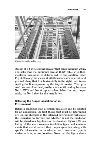 conductor size on the x axis of the graph. Note that Fig. 4-27
is for paper or rubber insulation, and these insulations sup-
port conductor temperatures of up to 200°C without damage.
For thermoplastic insulation systems, Fig. 4-28 must be used
instead. Observation of a few calculations of this type will
show that generally 600-V cables are considered to be
expendable from the point of view of this calculation.
However, this calculation is the basis for the minimum
Conductors 159
SHORT
CIRCUIT
CURRENT
–
THOUSANDS
OF
AMPERES
COPPER CONDUCTOR SIZE
10 8 6 4 2 1 0 00 000 250 350 500 750
.2
.3
.4
.5
.6
.8
1
2
3
4
5
6
8
10
20
30
40
50
60
80
100
PAPER OR RUBBER INSULATION
OPERATING TEMPERATURE: 75°C
SHORT CIRCUIT TEMPERATURE: 200°C
1
CYCLE
2
CYCLES
4
CYCLES
8
CYCLES
16
CYCLES
30
CYCLES
60
CYCLES
100
CYCLES
Figure 4-27 200°C thermal damage curve set for paper or rubber insulation.
 