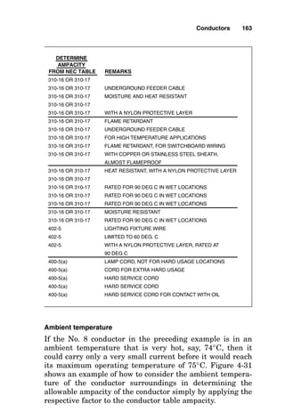 stream of a 4-cycle circuit breaker that must interrupt 20 kA
and asks that the minimum size of 15-kV cable with ther-
moplastic insulation be determined. In the solution, enter
Fig. 4-28 along the y axis at 20 (thousands of amperes), and
proceed along that line horizontally to the right until inter-
cepting the line representing the 4-cycle breaker. Then pro-
ceed downward vertically to the x axis until reading between
No. 1 AWG and No. 0 copper cable. Select the next larger
cable, the No. 0 size, for the installation.
Selecting the Proper Insulation for an
Environment
Before a conductor with a certain insulation can be selected
for an application, the first things that must be determined
are that no chemical in the intended environment will cause
the insulation to degrade and whether or not the conductor
will be placed in a dry, damp, or wet location. Figure 4-29 is a
listing of the more common insulation types and environ-
ments that would prevent their proper operation, along with
specific information as to whether each insulation type is
usable in damp or wet locations. Note that the figure shows
Conductors 161
Cables in ladder cable tray.
 