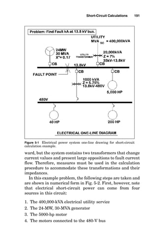 For example, in a three-phase reactor operating within a
4.16-kV circuit, the impedance of each of the three reactor
coils is 0.125 ohms (). Assuming that an infinite power
source is connected to the line terminals of the three-phase
reactor, how much short-circuit power would the reactor let
through to a “bolted” short circuit on the load terminals of
the reactor? The answer is
Let-through power   138,444 kVA
Let-Through Power Values of Cables
A length of cable is a series impedance that limits short-cir-
cuit current. As with reactors, there is a maximum amount
of power any cable will let through to a short circuit from
an infinite power source at system voltage. Each size and
configuration of cable has unique impedance characteristics
(found within the manufacturer’s cable catalog), and typical
values are shown in Fig. 4-11 for 600-V cable, for 5-kV
cable, and for 15-kV cable. The impedance values in this
table contain the resistance, inductive reactance, and over-
all impedance of typical cables in units of ohms per thou-
sand feet.
The amount of short-circuit power that a cable would let
through to a short circuit if an infinite power source were
connected to one end of the cable and the short circuit is at
the other end of the cable is calculated as
Short-circuit power

For example, a 3/c 500-kCMIL copper cable that is 650
feet (ft) long is operated on a 480-V three-phase system.
How much power would this cable let through to a short
circuit if the impedance of the cable is given as 0.0268 
1000 (phase-to-phase kilovolt circuit rating)2

cable impedance in ohms per phase
1000 (4.16)2

0.125
Short-Circuit Calculations 189
 