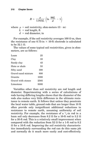 (install insulating section with internal equipment grounding
conductor), or cables (provide many concentric wraps per foot
of cable) are done. And if these and similar steps are insuffi-
cient to guard against voltage transients, then the grounding-
electrode system provides the equipotential plane to which one
side of transient surge suppressors can be connected to “short
to ground” these unwanted voltages at wire terminations.
For verification that the grounding system is really
extremely important to the normal operation of a facility, just
remember what has happened in locations where the ground-
ing systems have been impaired: Fires have started from arc-
ing faults, computers have crashed from spurious noise data,
data-control systems have shut down processes in error,
human hearts have been defibbed and stopped, motors have
burned up and arc-type lamps have turned off due to voltage
imbalances caused by bad service bonding jumper termina-
tions, voltage jacking has occurred on ungrounded power sys-
tems or systems that have lost their grounding connection,
and pipes have sprung leaks as a result of catholic erosion.
Truly, although they are generally hidden from view, ground-
ing systems and their many actions are extremely important.
Calculating the Resistance to Remote Earth
of Ground Rods
The National Electrical Code requires a minimum resis-
tance to remote earth of 25 ohms () for a grounding elec-
trode made of a rod of which at least 8 feet (ft) is buried.
When its measured resistance exceeds the 25 , the code
requires the installation of one additional ground rod at
least 6 ft away from the first. The rods must have a mini-
mum outside diameter (OD) of 3
4 inch (in) if they are made
of galvanized pipe, a minimum of 5
8 in OD if they are solid
iron or steel, and a minimum of 1
2 in OD if they are listed
and made of nonferrous material such as copper or stainless
steel. Due to the sacrificial nature of aluminum, the code
prohibits the use of ground rods made of aluminum.
The function of the grounding-electrode system is to keep
the entire grounding system at earth potential during light-
208 Chapter Seven
 