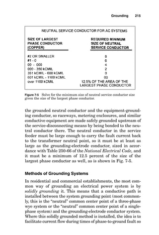 The two exceptions to this rule are (1) in a very dry soil,
extending the ground rod down into the permanent ground-
water dramatically improves the resistance value, and (2)
during the winter, having the ground rod extended to the
deep nonfrozen soil greatly improves its resistance value
over what it would have been in frozen soil or ice.
Soil resistance is nonlinear. Most of the earth-electrode
resistance is contained within a few feet of the ground rod
and is concentrated within a horizontal distance that is 1.1
times the length of the ground rod. Therefore, ground rods
that are installed too close together are essentially trying to
flow current in the same earth volume, so their parallel
resistance to remote earth is less than would be expected for
parallel resistances in a normal electric circuit. For maxi-
mum effectiveness, each rod must be provided with its own
volume of earth having a diameter that is approximately 2.2
times the rod length. Figure 7-1 presents a calculation for
the resistance to remote earth of a 3
4-in  10-ft copperweld
ground rod driven into soil having a resistivity of 200 
m.
Grounding-Electrode Conductors
Connecting an electrical system to a grounding electrode
requires a grounding-electrode conductor. The minimum size
of grounding-electrode conductor is shown in the National
Electrical Code in Table 250-66. The size of the grounding-
electrode conductor is based on the amount of fault current
that it might be called on to carry, and this is measured by
the size of the largest phase conductor in the service feeder.
See Fig. 7-2 for an example problem in sizing the grounding-
electrode conductor.
Equipment-Grounding Conductors
When there is a ground fault, a low-impedance path must
be provided from the point of fault to the neutral of the sup-
ply transformer or to the generator. This low-impedance
path is provided by the equipment-grounding conductor.
This conductor can take several forms, such as different
Grounding 211
 