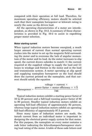 The speed (in rpm) at which an induction motor operates
depends on the speed of the stator rotating field and is
approximately equal to 120 times the frequency (f) divided
by the quantity of magnetic poles (P) in the motor stator
minus the rotor slip. Every induction motor must have some
slip to permit lines of stator flux to cut the rotor bars and
induce rotor current; therefore, no induction motor can oper-
ate at exactly synchronous speed (120f/P). The more heavily
the motor is loaded, the greater the slip. Thus, the greater
the voltage, the less is the slip. Figure 10-1 shows a typical
motor speed calculation.
Ambient temperature and humidity
The ambient conditions must be considered in selecting the
type of motor to be used in a specific location. Ambient tem-
perature is the temperature of the air surrounding the
motor. If it is very hot, special lubricant that does not
decompose or “coke” at elevated temperatures and special
Motors 287
Figure 10-1 Solve for motor synchronous speed given frequency, quantity
of magnetic poles in the motor, and type of motor.
 