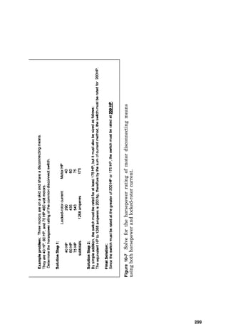 current is too long, the motor will overheat due to I2
R heat
buildup, and if the long-time ampere draw of the motor is
too high, the motor also will overheat due to I2R heating.
The National Electrical Code provides limitations on both
inrush current and running current, as well as providing a
methodology to determine motor disconnect switch ampere
and horsepower ratings.
Table 430-152 of the National Electrical Code provides the
maximum setting of overcurrent devices upstream of
the motor branch circuit, and portions of this table are
replicated in Fig. 10-5. The code provides motor running
current for typical three-phase induction motors in Table
430-150, portions of which are replicated in Fig. 10-6, and
it provides motor disconnect switch horsepower and ampere
criteria in Table 430-151, portions of which are replicated
in Fig. 10-7 on pp. 298 and 299.
Calculating Motor Running Current
The following figures illustrate the calculations required by
specific types of motors in the design of electric circuits to
permit these loads to start and to continue to protect them
during operation:
Motors 295
Figure 10-5 Replication of NEC Table 430-152 of maximum overcurrent
protective devices for motor circuits. Solve for overcurrent device rating
for motor branch circuit given table ampere load.
 