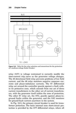 The National Electrical Code lists several types of circuit
breakers, including adjustable, instantaneous-trip, inverse-
time, and nonadjustable.
Magnetic-only circuit breakers
Circuit breakers contain contacts that are held together
under spring tension by an arm that, in normal “breaker
closed” position, is “almost tripped.” That is, with hardly
any force on the trip arm at all, the springs within the
breaker pull the contacts apart (instead of holding them
closed) and keep them apart until the breaker is reset. The
force to trip the breaker by moving the trip arm can come
from a small solenoid driven by a ground-fault current mon-
itor system, and this trip device is called a ground-fault trip
unit. Or the force to trip the breaker by moving the trip arm
can come from a magnetic force induced to trip the arm from
a magnetic coil that can be in series with the main power
circuit. When too much current flows, the magnetic forces
set up by it, measured in ampere-turns, simply move the
trip arm and cause the breaker to trip. This magnetic sole-
noid device also can be within an adjustable magnetic trip
system, but the operation of all these breakers is still the
same: The magnetic trip causes the breaker to “trip open”
immediately when the line current reaches a predetermined
ampere value.
Due to the operational requirement that a magnetic-only
circuit breaker permit inrush current to flow in the start-up
of a motor or other appliance, when used with loads having
large inrush currents, magnetic-only circuit breakers must
have trip ratings that are greater than the inrush current
values, and this is a great drawback to their use.
Thermal-magnetic-trip circuit breakers
An improvement in the circuit breaker trip action is offered
in the thermal-magnetic-trip circuit breaker in that it can
permit large inrush currents for short time durations while
still maintaining the ability to trip instantly on short-circuit
current flow.
324 Chapter Twelve
 