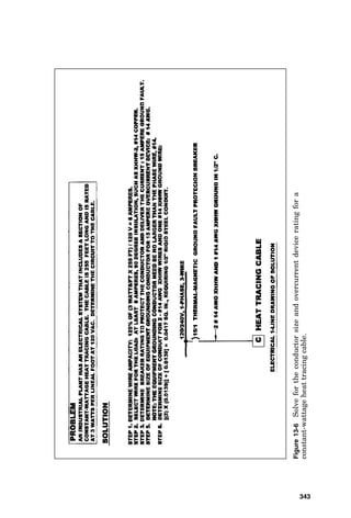 time, lest the motor be damaged or destroyed by excessive I2R
heat. Then the same electrical system must continuously
monitor motor running current to also prevent long-time over-
load from damaging the motor. The following figures illustrate
calculations required by specific types of appliances in the
design of electric circuits to permit unique loads to start and
to continue to protect them during operation:
Figure 13-3: Air-conditioning equipment
Figure 13-4: Household appliances
Figure 13-5: Heat tracing with self-regulating cable (see
Note below)
Figure 13-6: Heat tracing with constant-wattage cable
Figure 13-7: Lighting fixtures
Figure 13-8: Electrical power receptacles with unidenti-
fied loads
Figure 13-9: Electrical power receptacle with specific load
Note: Some of these examples use actual field experience
rather than code requirements for sizing. For example, field
experience with self-regulating heat-tracing cable shows that
initial energization inrush current of up to 4.9 times full-load
rating current occurs for 3 to 5 minutes in dry locations and
indefinitely in wet locations. Therefore, the circuit breaker
and conductors must be sized to deliver this current, lest the
electrical power system fail or trip “off” to this most important
load. For this reason, the electrical engineer and designer
should make every effort to obtain the appliance manufactur-
er’s actual load characteristics for each electrical load.
Designing an Electrical System for a
Commercial Building
The electrical system for a commercial building must be large
enough to safely supply the facility electrical loads. While this
can be done based on physics, over the last century, the best
minds in the electrical industry have contributed information
Circuits for Special Loads 339
 