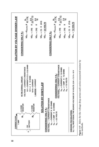 BATTERY
CURRENT
FLOW
10V
1
AMP
7.5
OHM
RESISTOR
E
R
2
R
1
VOLTAGE
=
CURRENT
X
RESISTANCE
10
V
=
CURRENT
X
(7.5
+
2.5)
OHMS
10
V
=
I
X
10
OHMS
10/10
=
CURRENT
1
AMPERE
=
CURRENT
IN
THE
OVERALL
CIRCUIT:
VOLTAGE
R2
=
CURRENT
X
RESISTANCE
V
R2
=
CURRENT
X
7.5
OHMS
V
R2
=
1
AMP
X
7.5
OHMS
V
R2
=
7.5
VOLTS
VOLTAGE
R1
=
CURRENT
X
RESISTANCE
V
R1
=
1
AMP
X
2.5
OHMS
V
R1
=
2.5
VOLTS
V
R1
=
CURRENT
X
2.5
OHMS
V
R1
+
V
R2
MUST
EQUAL
THE
SOURCE
VOLTAGE
OF
10
VOLTS.
2.5V
+
7.5
V
=
10
V
CHECKING
THE
SOLUTIONS:
SOLUTION
BY
OHM'S
LAW
SOLUTION
BY
VOLTAGE
DIVIDER
LAW
CONSIDERING
ONLY
R
2
:
7.5
10
7.5
VD
R2
=
E
SOURCE
X
VD
R2
=
(10)
X
VD
R2
=
(10)
X
VD
R2
=
(1)
X
(7.5)
VD
R2
=
7.5
VOLTS
R
1
+
R
2
R
2
CONSIDERING
ONLY
R
1
:
CONSIDERING
ONLY
R
2
:
2.5
OHM
RESISTOR
2.5
+
7.5
CONSIDERING
ONLY
R
1
:
2.5
10
2.5
VD
R1
=
E
SOURCE
X
VD
R1
=
(10)
X
VD
R1
=
(10)
X
VD
R1
=
(1)
X
(2.5)
VD
R1
=
2.5
VOLTS
R
1
+
R
2
R
1
2.5
+
7.5
22
Figure
1-17
Solve
for
the
voltage
drop
across
each
series-connected
resistor
by
two
methods.
 