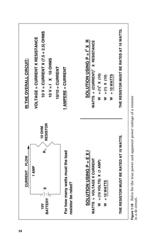 BATTERY
10
V
=
CURRENT
X
(7.5
+
2.5)
OHMS
CURRENT
FLOW
10V
1
AMP
E
10
V
=
I
X
10
OHMS
10/10
=
CURRENT
1
AMPERE
=
CURRENT
RESISTOR
10
OHM
R
L
VOLTAGE
=
CURRENT
X
RESISTANCE
IN
THE
OVERALL
CIRCUIT:
WATTS
=
VOLTAGE
X
CURRENT
W
=
(10
VOLTS)
X
(1
AMP)
W
=
10
WATTS
SOLUTION
USING
P
=
I
2
X
R
For
how
many
watts
must
the
load
resistor
be
rated?
SOLUTION
USING
P
=
E
X
I
THE
RESISTOR
MUST
BE
RATED
AT
10
WATTS.
THE
RESISTOR
MUST
BE
RATED
AT
10
WATTS.
WATTS
=
(CURRENT)
2
X
RESISTANCE
W
=
(1)
2
X
(10)
W
=
(1)
X
(10)
W
=
10
WATTS
24
Figure
1-18
Solve
for
the
true
power
and
apparent
power
ratings
of
a
resistor
in
a
dc
circuit.
 