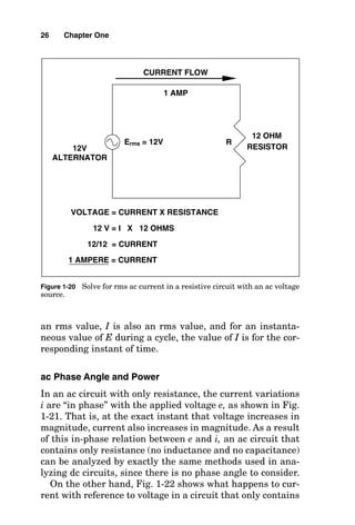 an rms value, I is also an rms value, and for an instanta-
neous value of E during a cycle, the value of I is for the cor-
responding instant of time.
ac Phase Angle and Power
In an ac circuit with only resistance, the current variations
i are “in phase” with the applied voltage e, as shown in Fig.
1-21. That is, at the exact instant that voltage increases in
magnitude, current also increases in magnitude. As a result
of this in-phase relation between e and i, an ac circuit that
contains only resistance (no inductance and no capacitance)
can be analyzed by exactly the same methods used in ana-
lyzing dc circuits, since there is no phase angle to consider.
On the other hand, Fig. 1-22 shows what happens to cur-
rent with reference to voltage in a circuit that only contains
26 Chapter One
RESISTOR
VOLTAGE = CURRENT X RESISTANCE
1 AMP
12 OHM
Erms = 12V R
12 V = I X 12 OHMS
12/12 = CURRENT
1 AMPERE = CURRENT
CURRENT FLOW
12V
ALTERNATOR
Figure 1-20 Solve for rms ac current in a resistive circuit with an ac voltage
source.
 